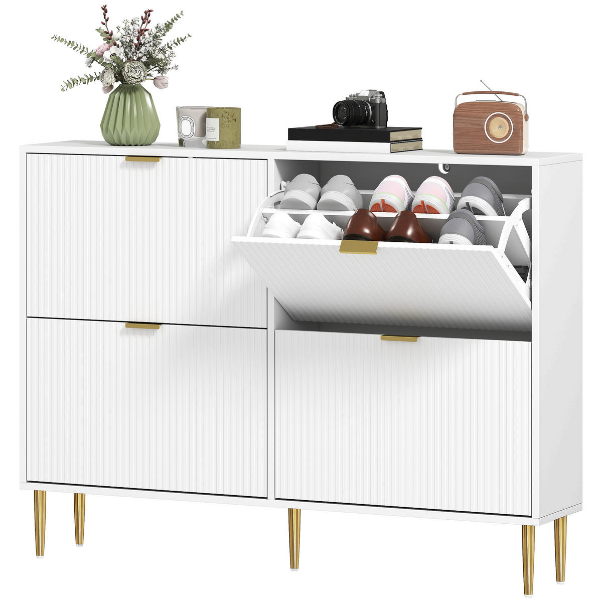 SCHUHSCHRANK DE-15042 4 Klapptüren mit Rillenfront & verstellbaren Böden Weiß - Weiß, Holzwerkstoff (105/91.5/24cm) - ComfortXL