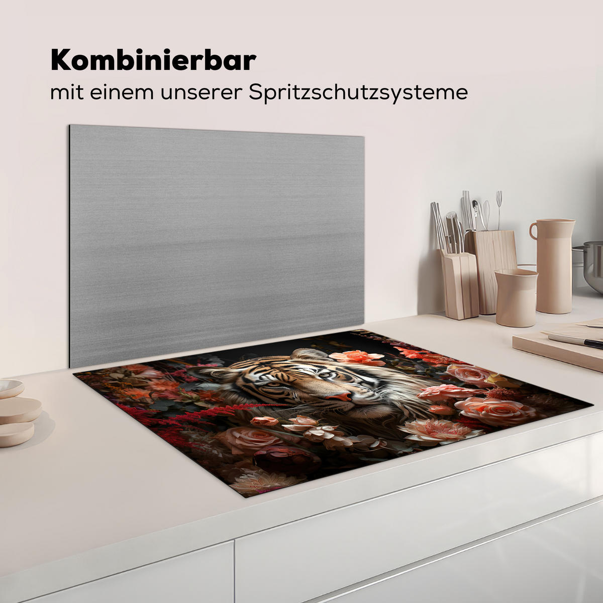 KRYT NA INDUKČNÍ DESKU Tygr - Zvíře - Příroda - Květiny - Botanické motivy 77x59 cm - pomerančová, plast (77/59/0.2cm) - MuchoWow