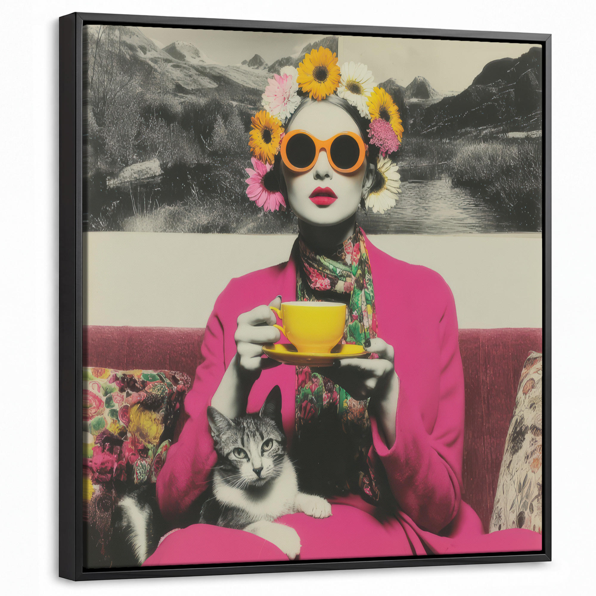 LEINWAND Bilder mit Rahmen - Frau - Katze - Blumen - Tasse - Retro - 50x50 - Magenta, Textil (50/50cm) - MuchoWow