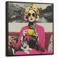 LEINWAND Bilder mit Rahmen - Frau - Katze - Blumen - Tasse - Retro - 50x50 - Magenta, Textil (50/50cm) - MuchoWow