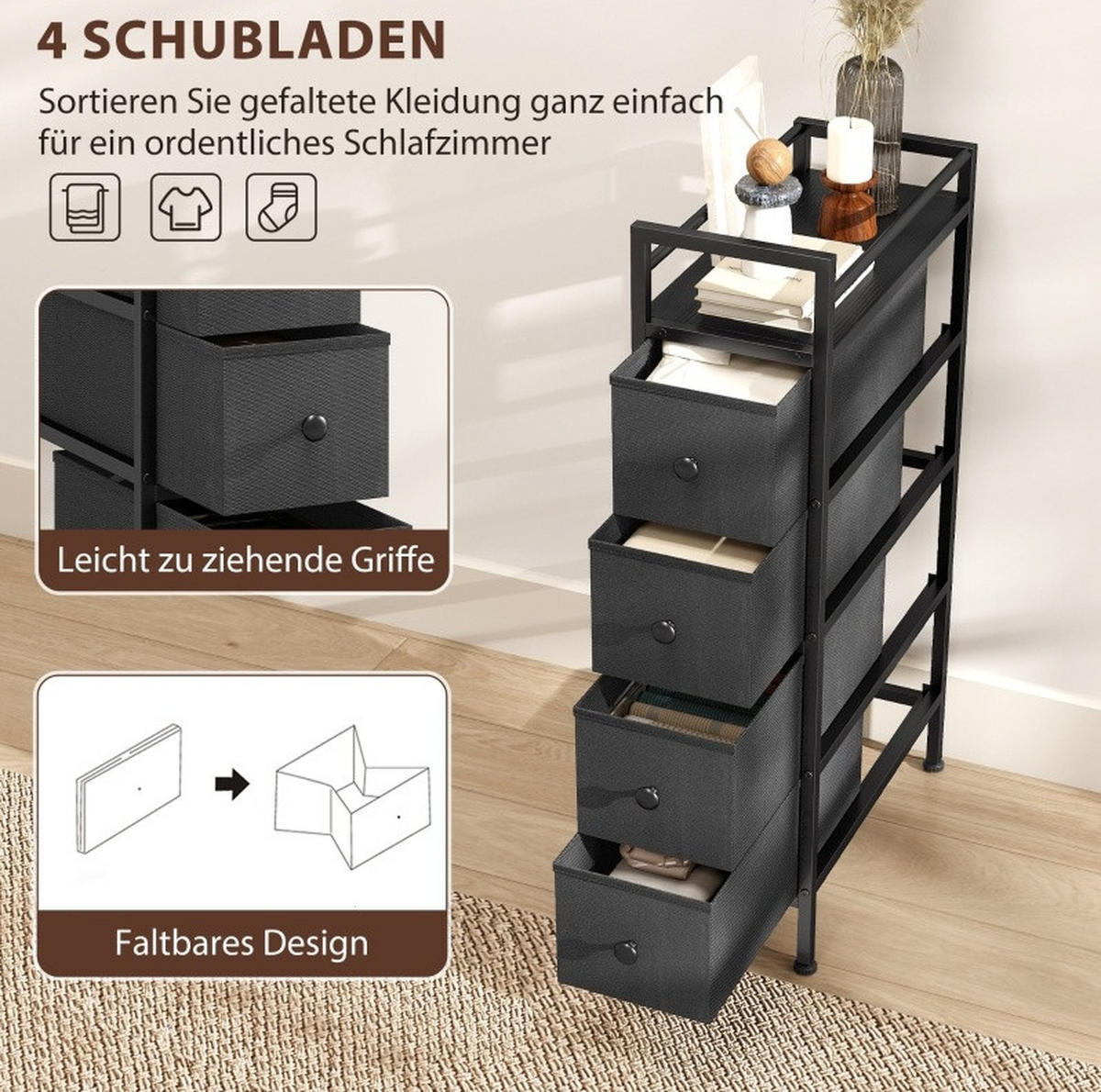 KOMMODE 20/43/81,5 cm aus Holzwerkstoff mit 4 Stoffschubladen Schwarz - Schwarz, Holz (20/81.5/43cm) - Modenvie