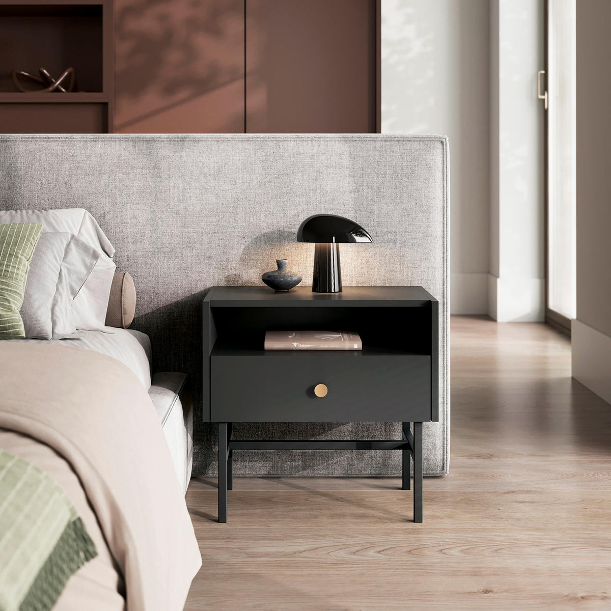 NACHTTISCH Dalia mit 1 Schublade und Metallbeinen, 55 cm, Schwarz - Schwarz, Holzwerkstoff/Metall (55/52/39cm) - Beautysofa