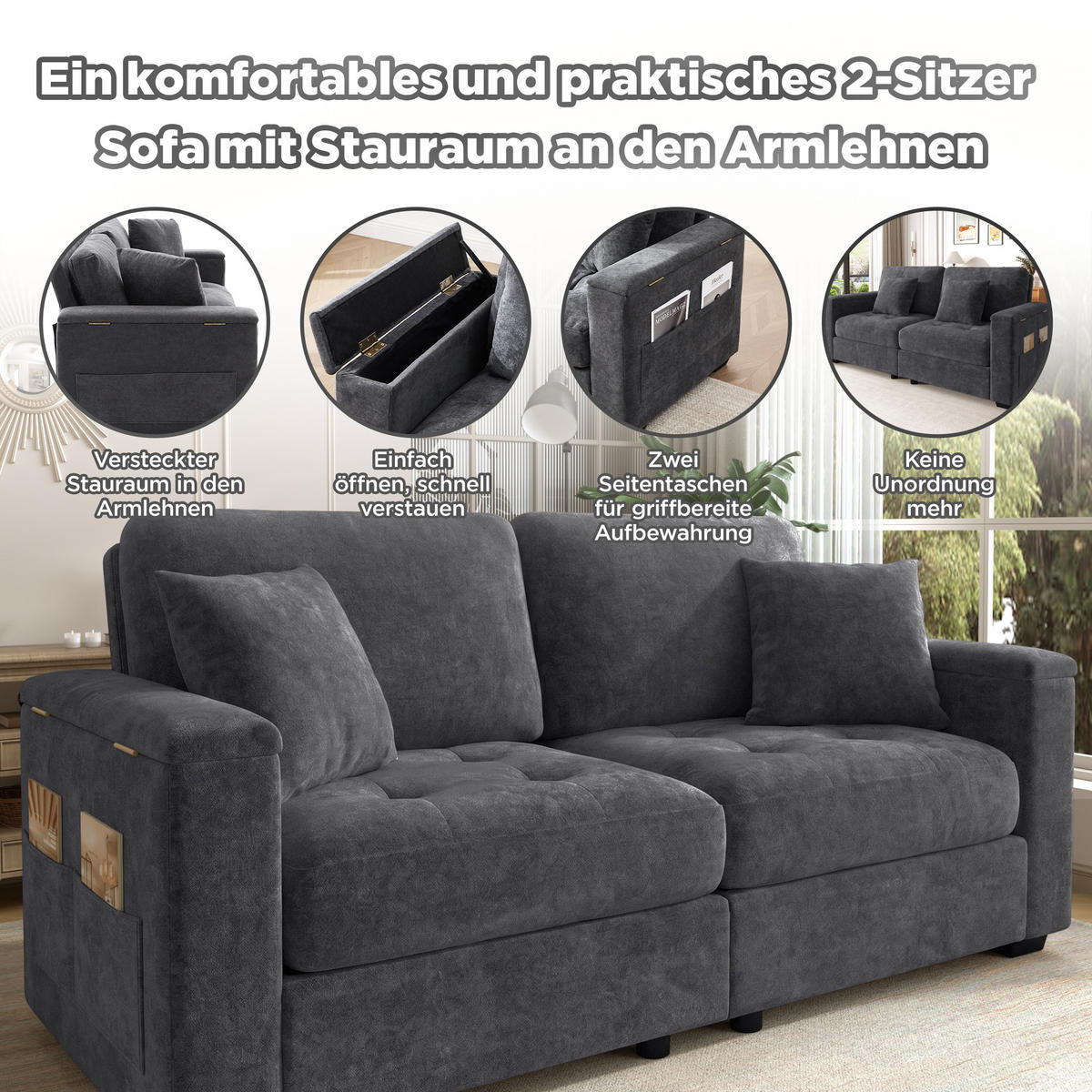 2-SITZER-SOFA DE-35382 mit Stauraum Dunkelgrau - Dunkelgrau, Holzwerkstoff (81.5/84/180cm) - ComfortXL