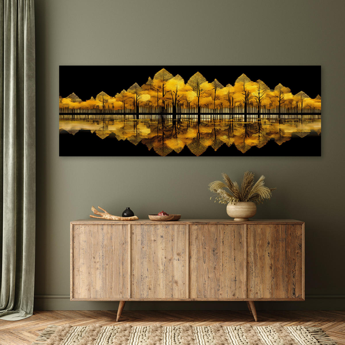 WANDBILD waldgoldene landschaftsabstraktion - Goldfarben, Textil (90/30cm) - Feeby