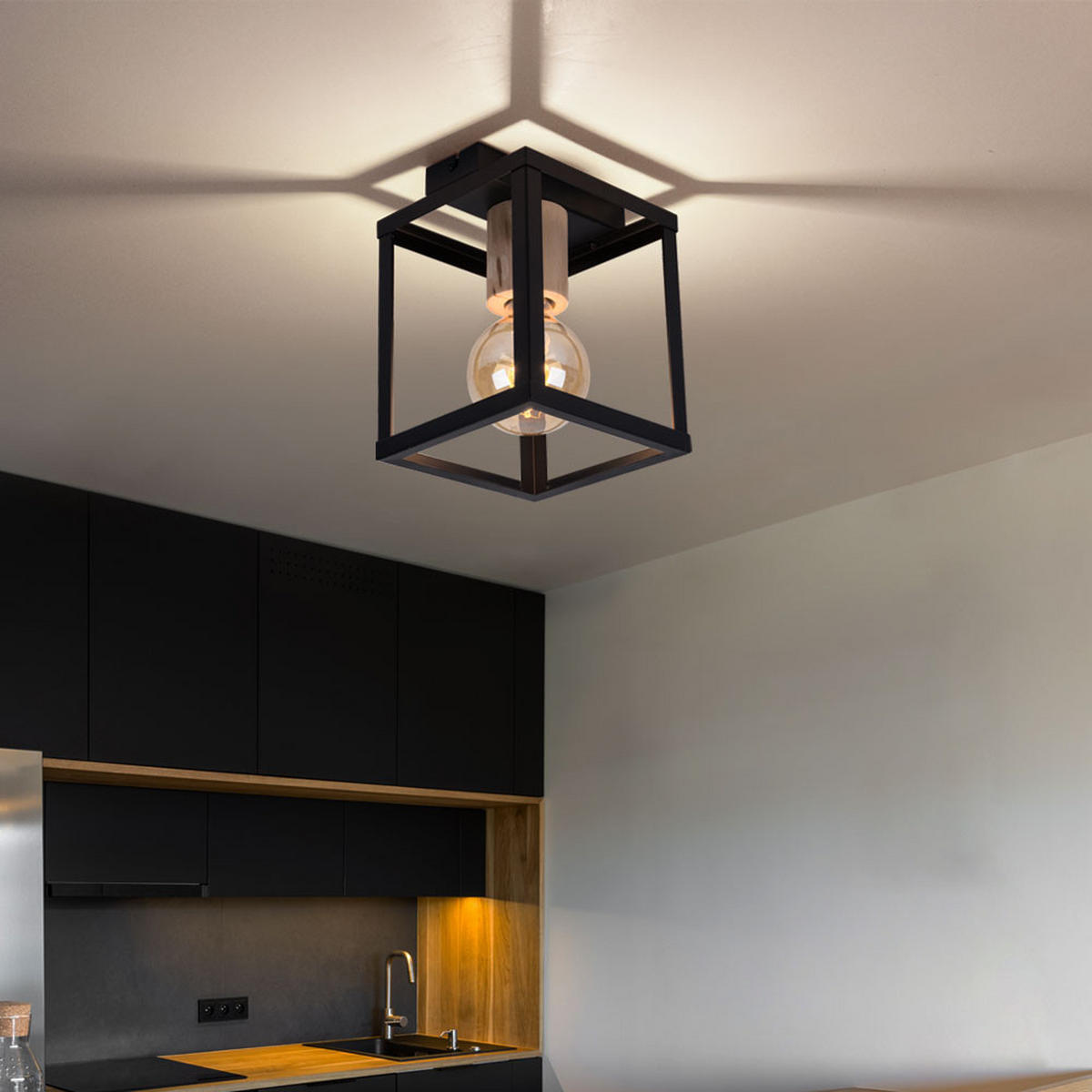 DECKENLEUCHTE Holz Schwarz Matt Natur - Schwarz, Holz (17/17/22.5cm)