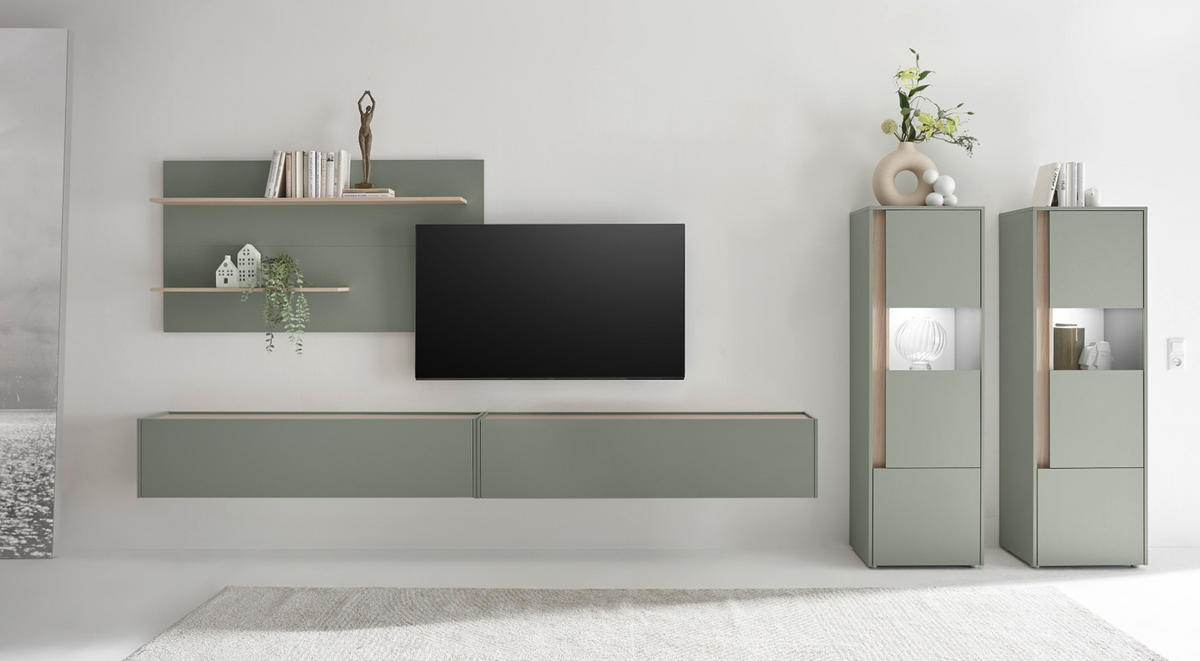 WOHNWAND Salbei grün, Eiche Barista, Wohnkombination Set 5-teilig mit XXL-TV-Schrank 440 cm - Salbeigrün/Eichefarben, Glas/Holzwerkstoff (440/180/40cm) - Furn.Design