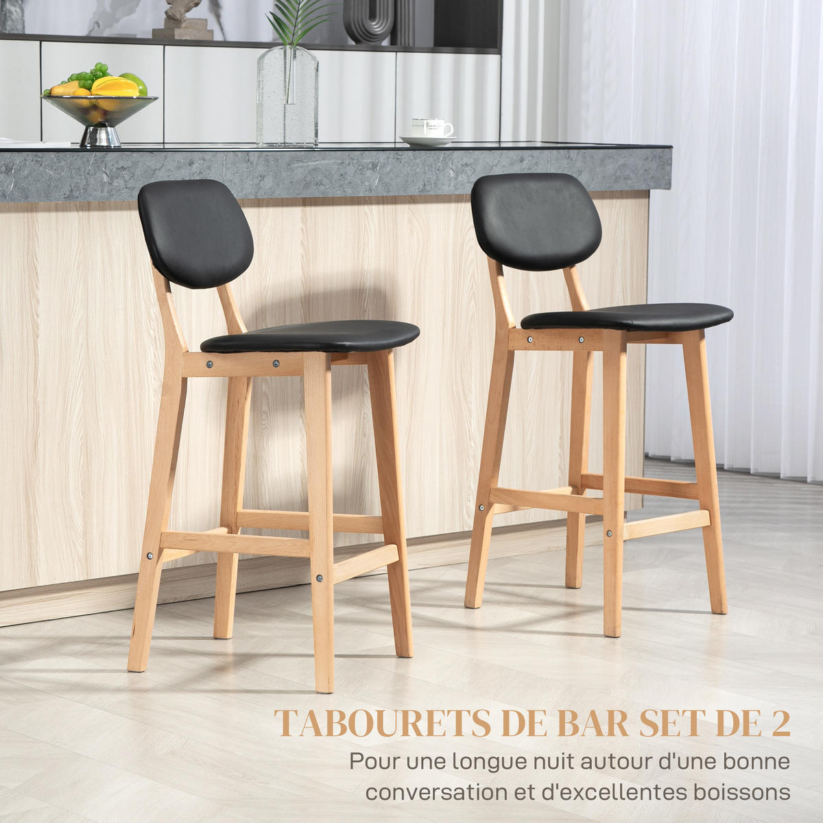 BARHOCKER 2er-Set DE-14741 mit Rückenlehne & Holzbeinen Schwarz - Schwarz, Holzwerkstoff (47/92/42cm) - ComfortXL