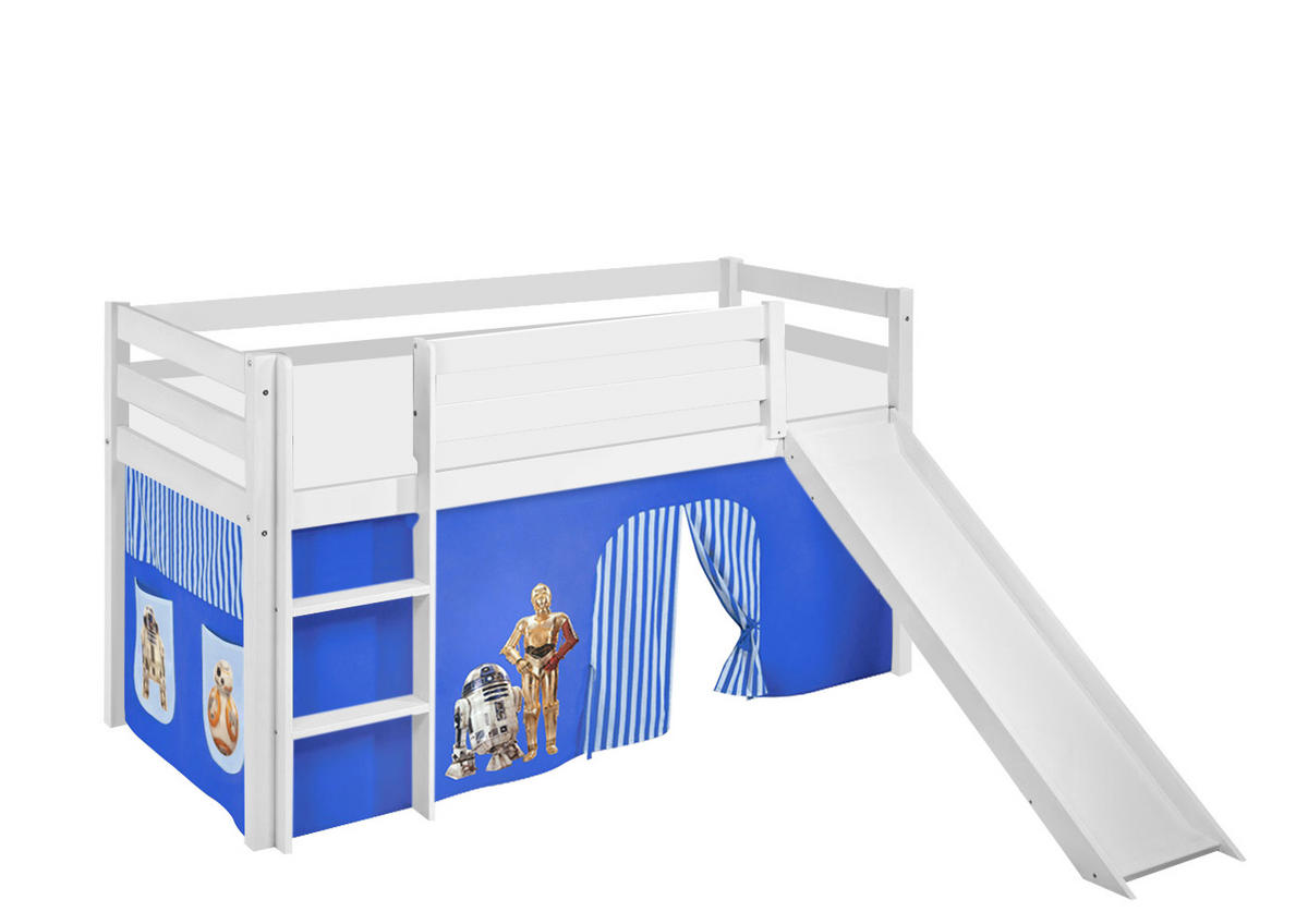 SPIELBETT JELLE Star Wars Blau - Hochbett - mit Rutsche und Vorhang - Weiß, Holz - Lilokids