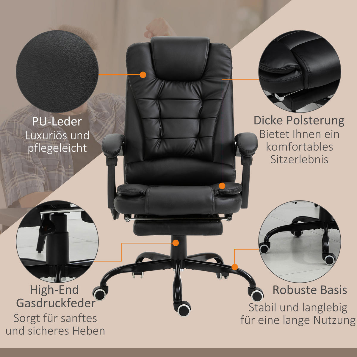 MASSAGESESSEL Chefsessel mit Fußstütze Rückenpolster einstellbar PVC Schwarz - Schwarz, Kunststoff/Metall (79/121/67cm) - Vinsetto