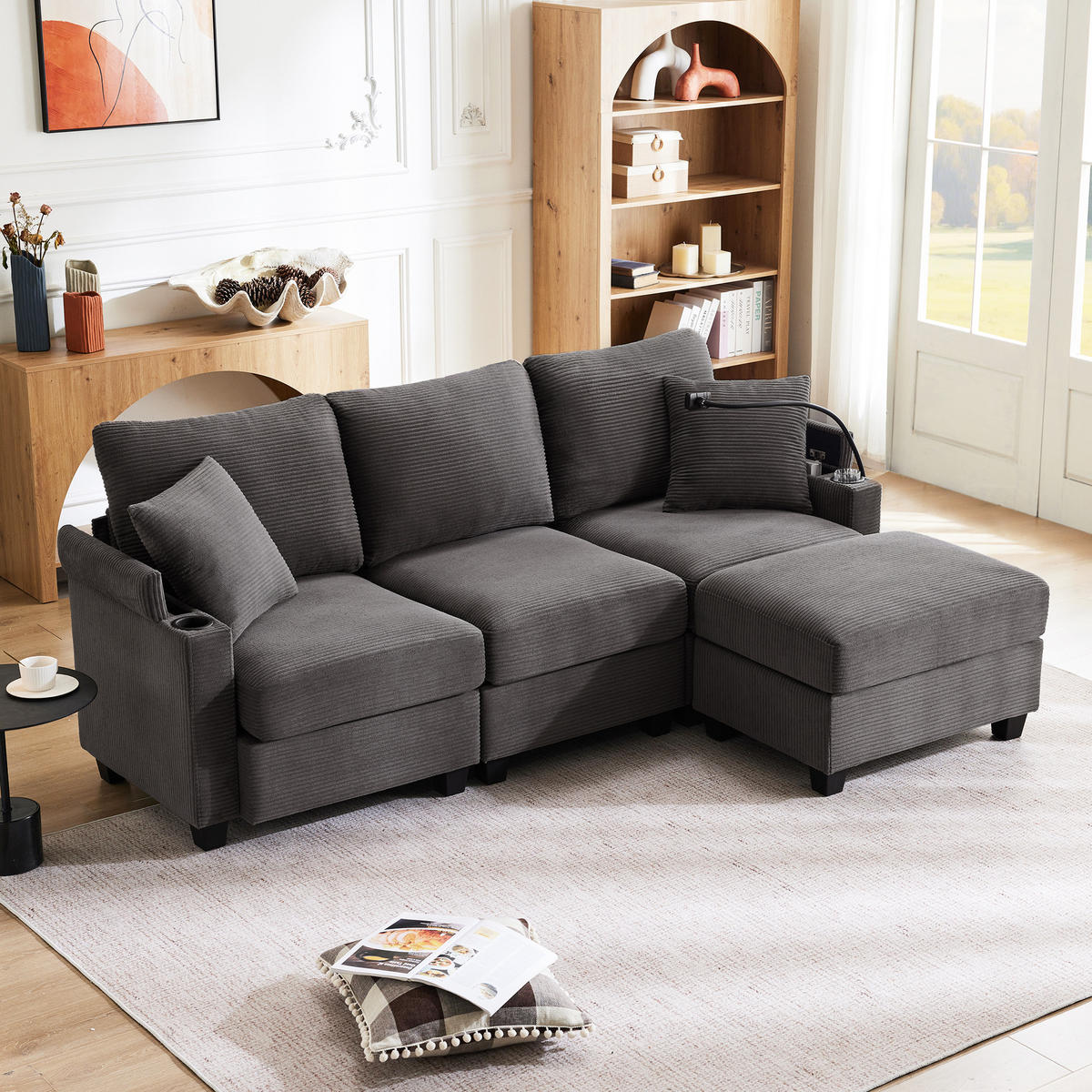 ECKSOFA 213.5x139x87 cm aus Cord mit USB-Ladegerät, dunkelgrau - Dunkelgrau, Textil (139/213.5cm) - Luhomfu
