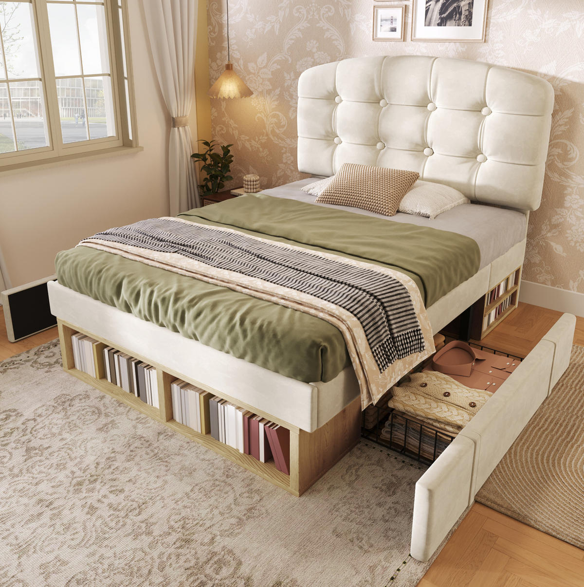 BETT mit Stauraum und Schubladen 90x200 cm Samt Beige - Beige, Metall (90/200cm) - Meubliv