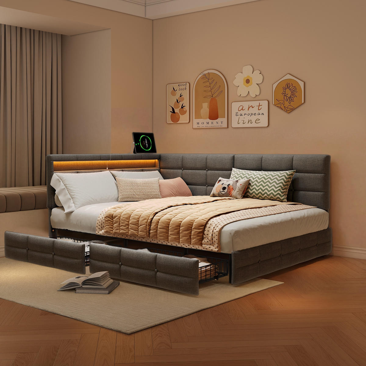 POLSTERBETT 140x190cm Tagesbett mit LED-Beleuchtung und Schublade – Leinen Grau - Grau, Textil (140/190cm) - DELFA
