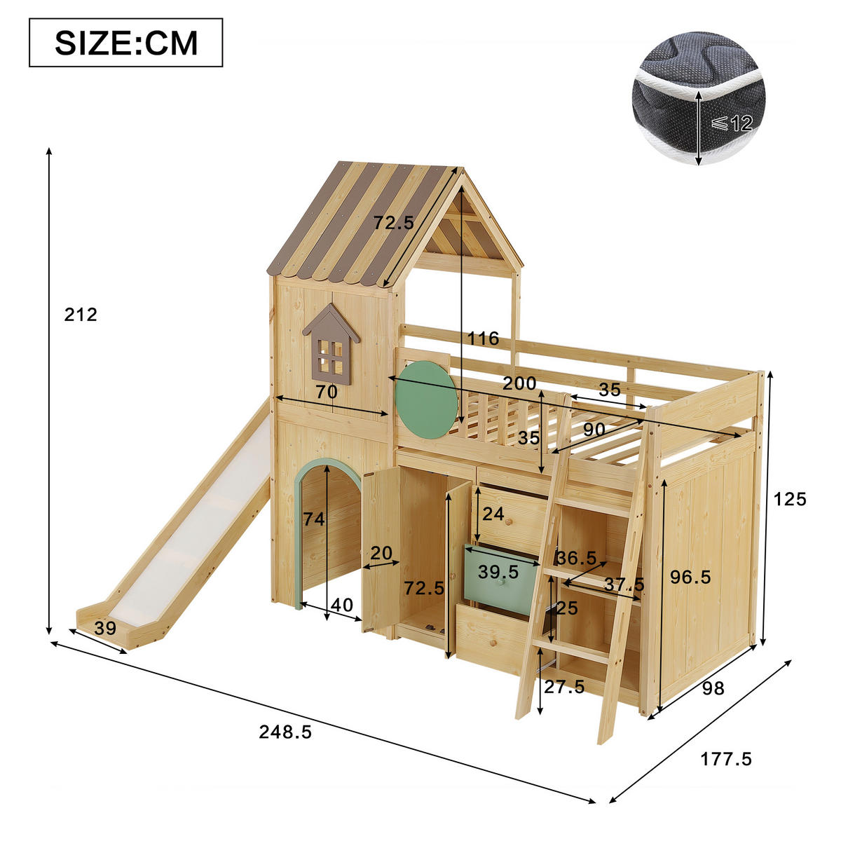 HOCHBETT 90/200 cm in Natur & Grün mit Rutsche, Treppe und Stauraum - Naturfarben, Holz/Holzwerkstoff (90/200cm) - WISHDOR