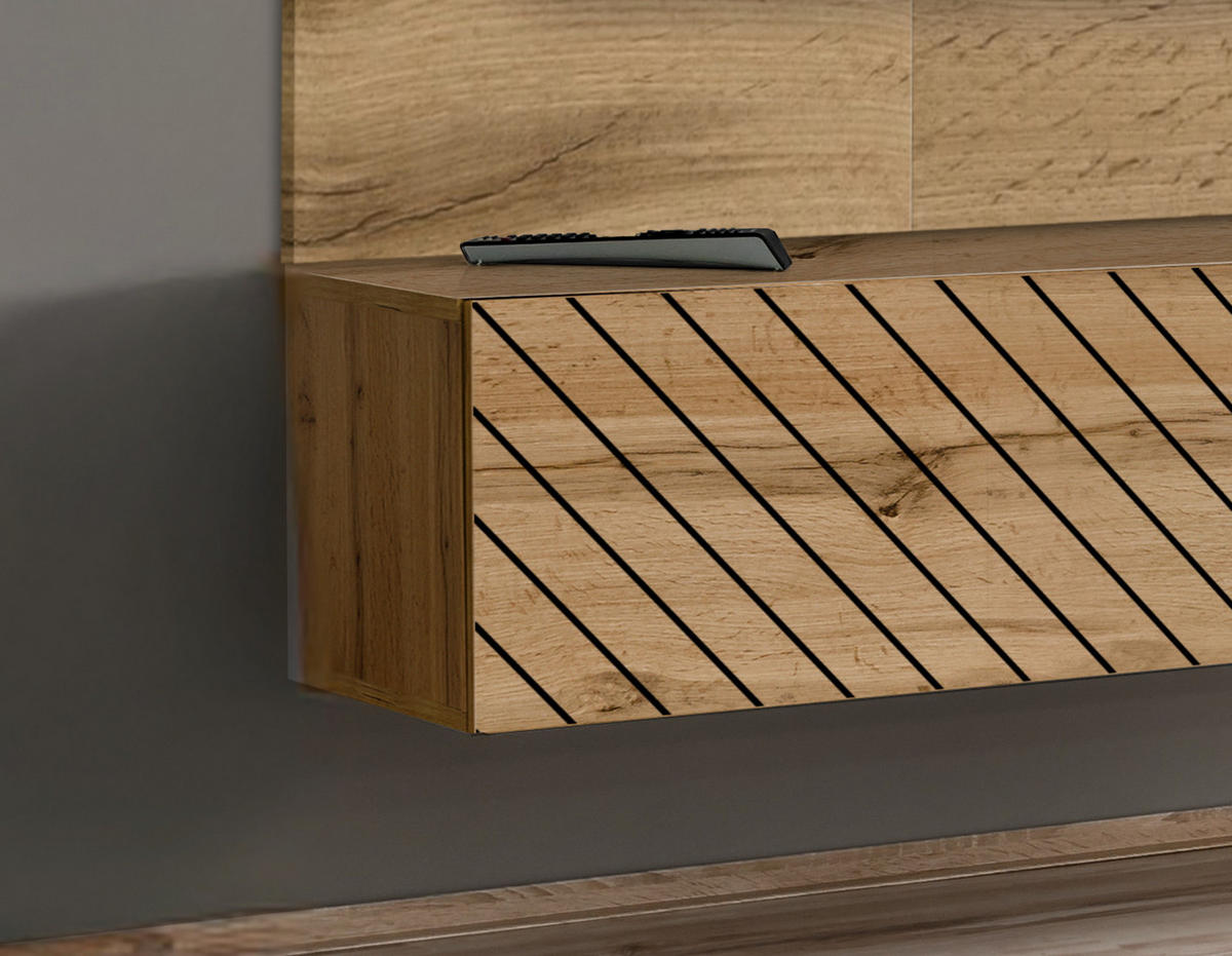 TV-LOWBOARD Eiche Wotan und schwarz 180 x 148 cm, Set hängend inklusive Akustikpaneel - Eiche Wotan/Schwarz, Holzwerkstoff (180/148/40cm) - Inn.Furn