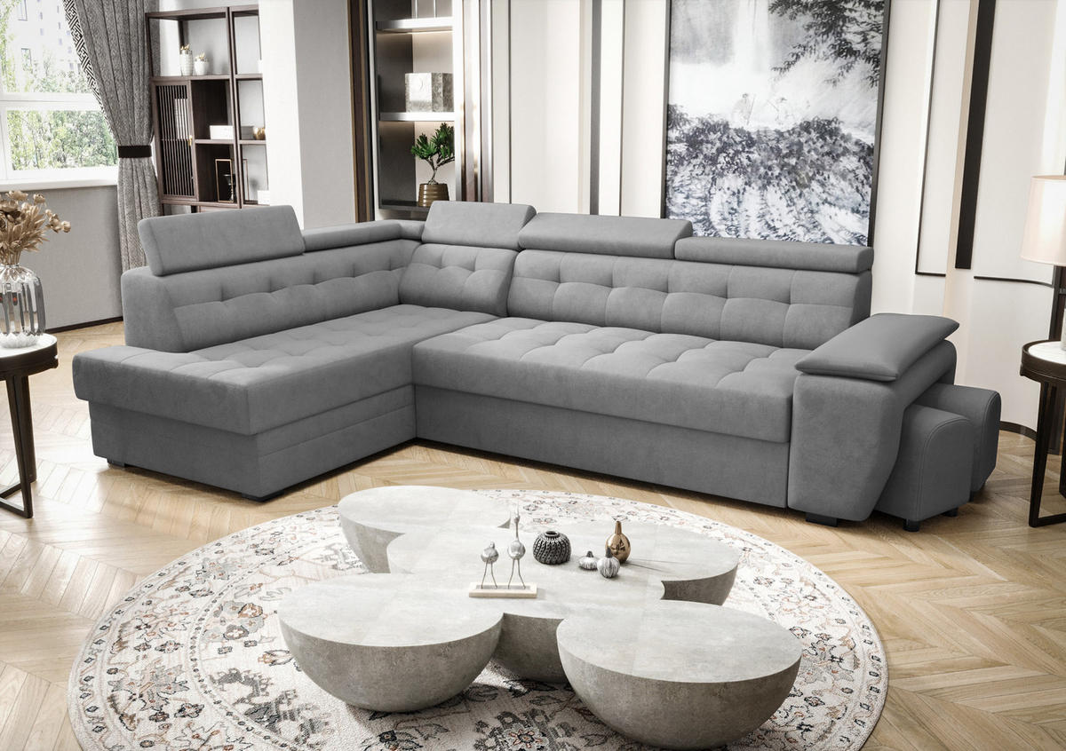 ECKSOFA KONGO RBN15, Eckcouch in L-Form mit Schlaffunktion, Farbe: Grau, Velourstoff, Ottomane Links - Grau, Textil (277/180cm) - O-Sofa