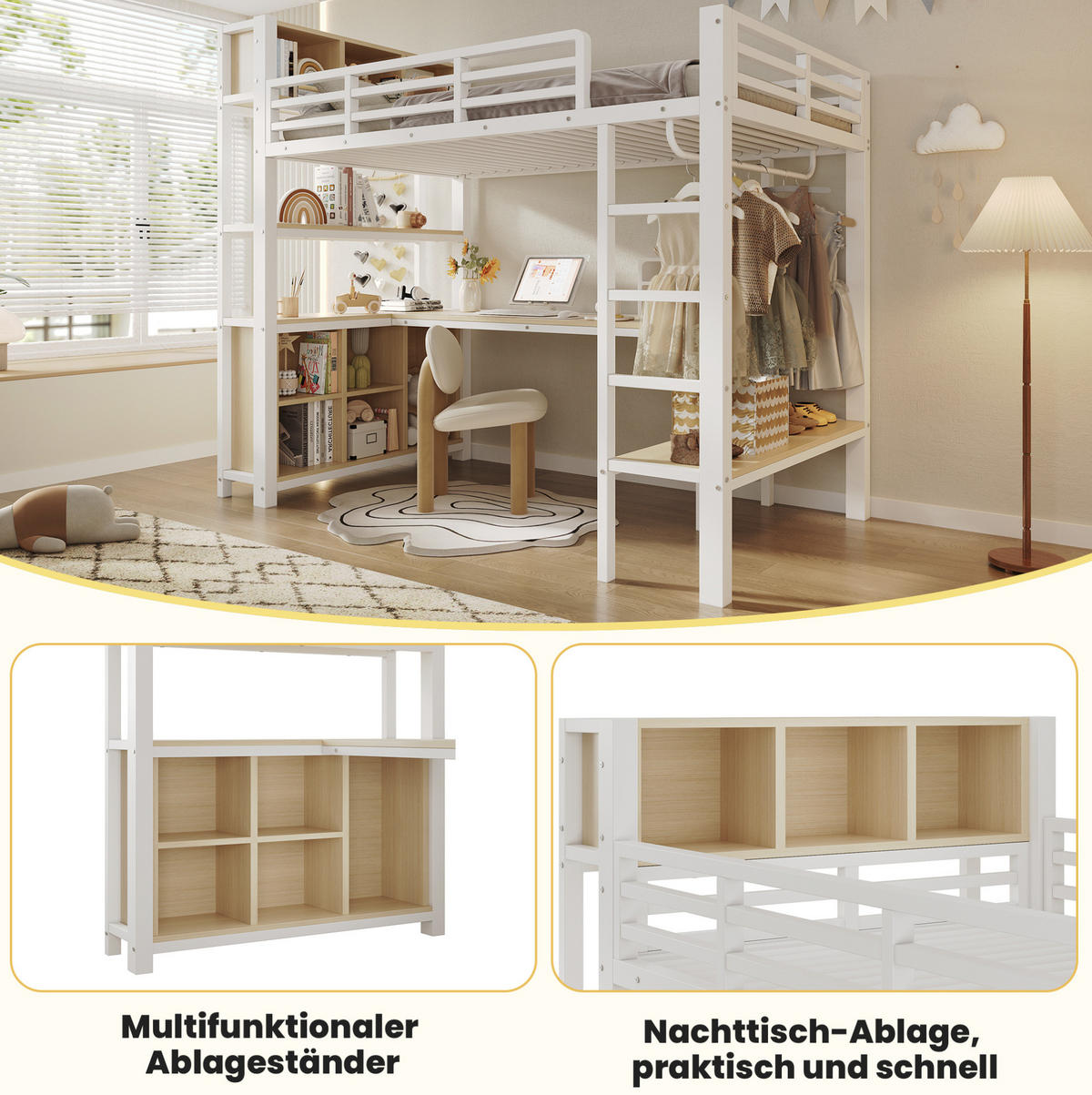 HOCHBETT 90x200 cm in Weiß mit Schreibtisch, Kleiderstange und Regalen - Weiß, Holzwerkstoff (90/200cm) - IVMEU