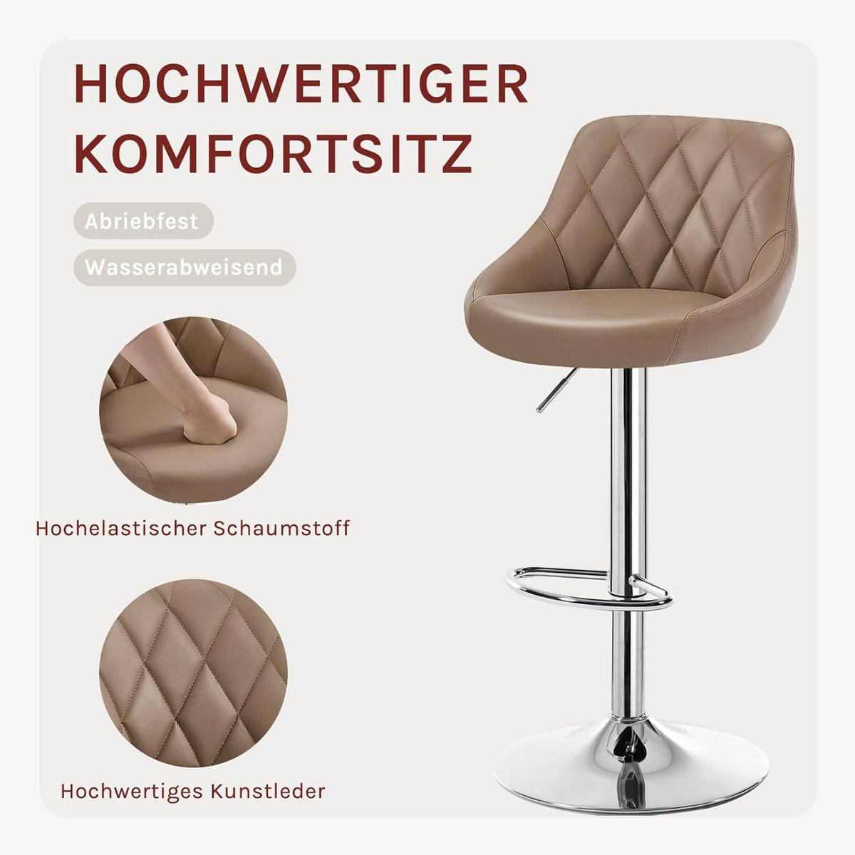 BARHOCKER 2er Set, Kunstleder,Höhenverstellbar, 360° Drehbar - Hellbraun, Metall (47/104/39cm) - Woltu
