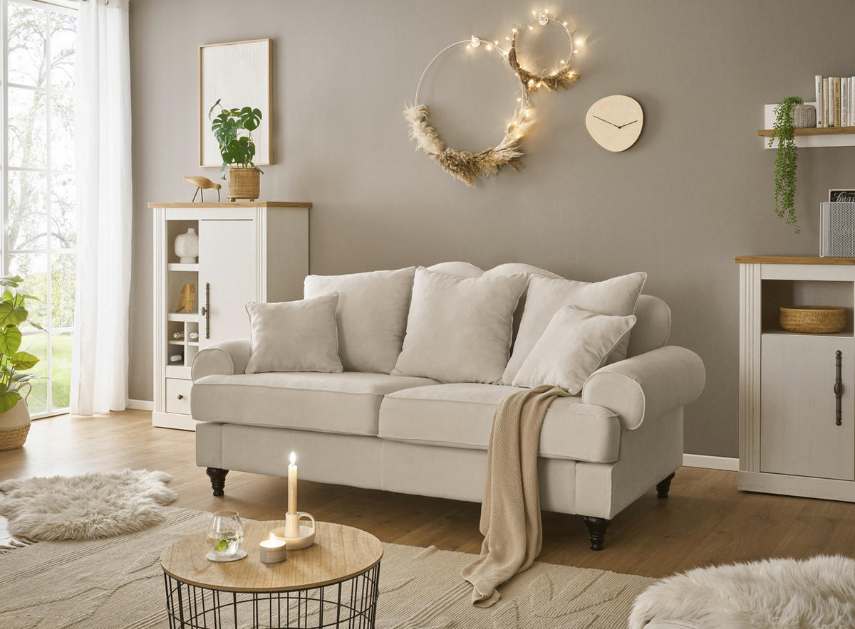 SOFA beige Landhaus, Couch 3-Sitzer 200 cm - Beige, Holz/Textil (200/95/100cm) - Furn.Design