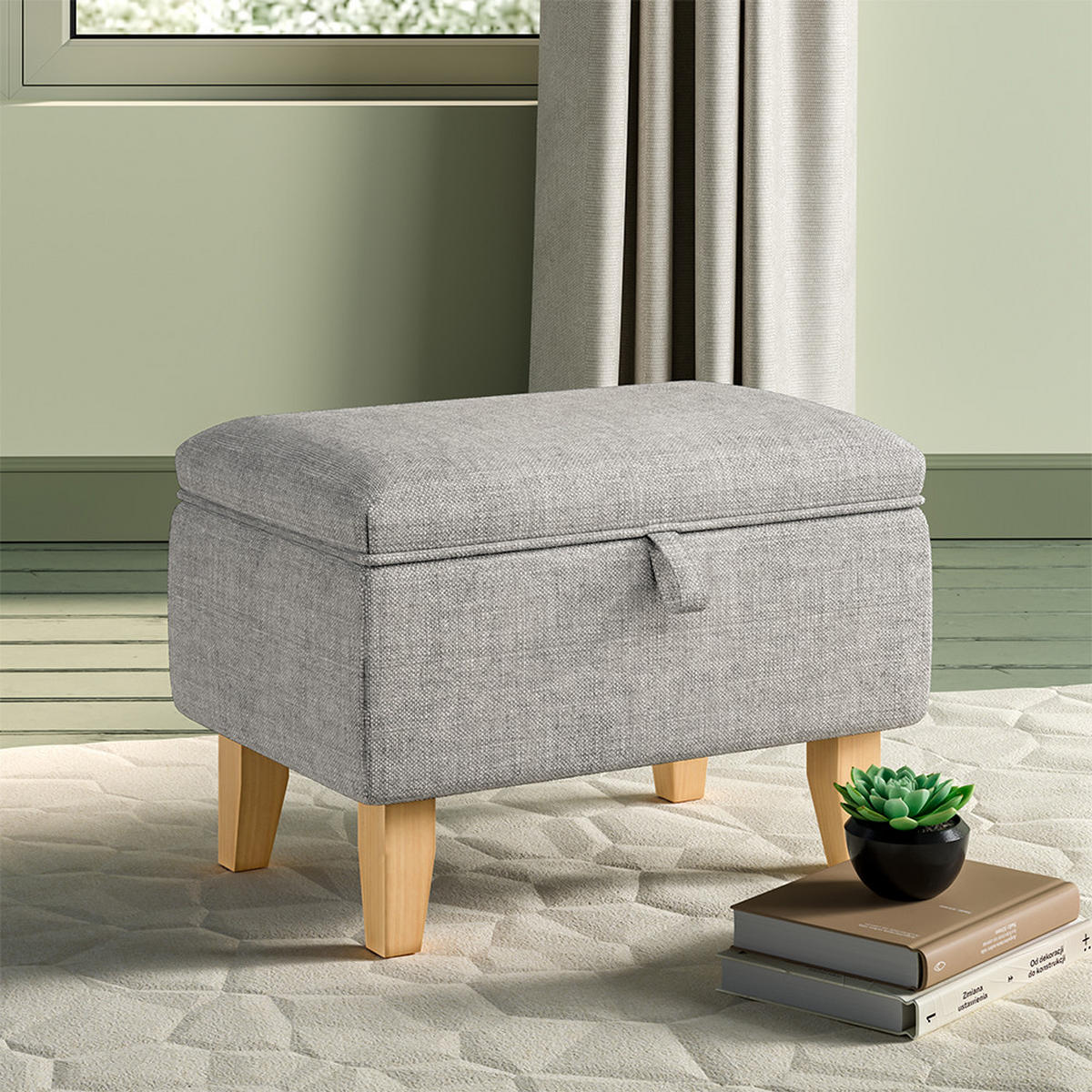 POLSTERHOCKER 49/33/35 cm Stauraum Holzbeine Leinen Hellgrau - Hellgrau/Naturfarben, Holz/Textil (49/35/33cm) - Livingandhome