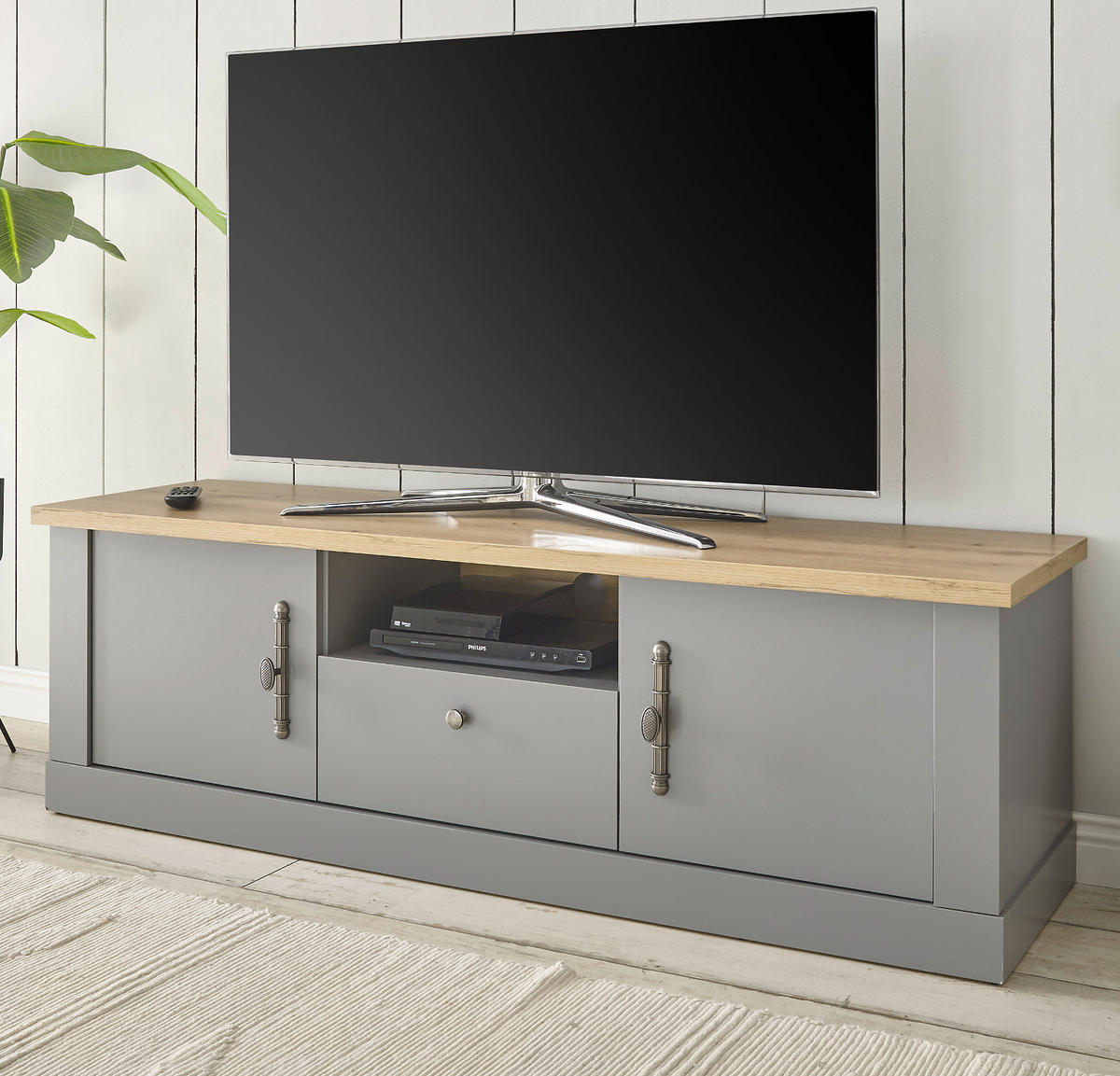 TV-LOWBOARD grau, Artisan Eiche Landhaus 155 cm, TV Unterteil mit viel Stauraum - Silberfarben/Hellgrau, Holzwerkstoff/Metall (155/48/44cm) - Furn.Design