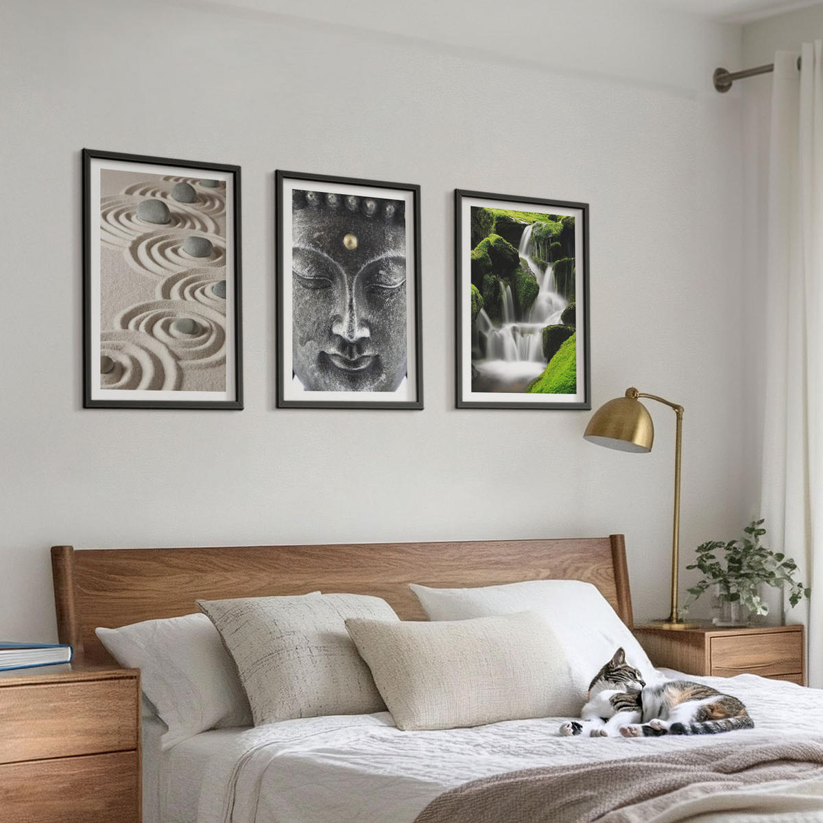 BILDER SET 3er Set - 40x60 cm Schwarzer Rahmen - Der Frieden der Steine des Buda Zen-Wasserfalls - Schwarz, Kunststoff (40/60cm) - TULUP