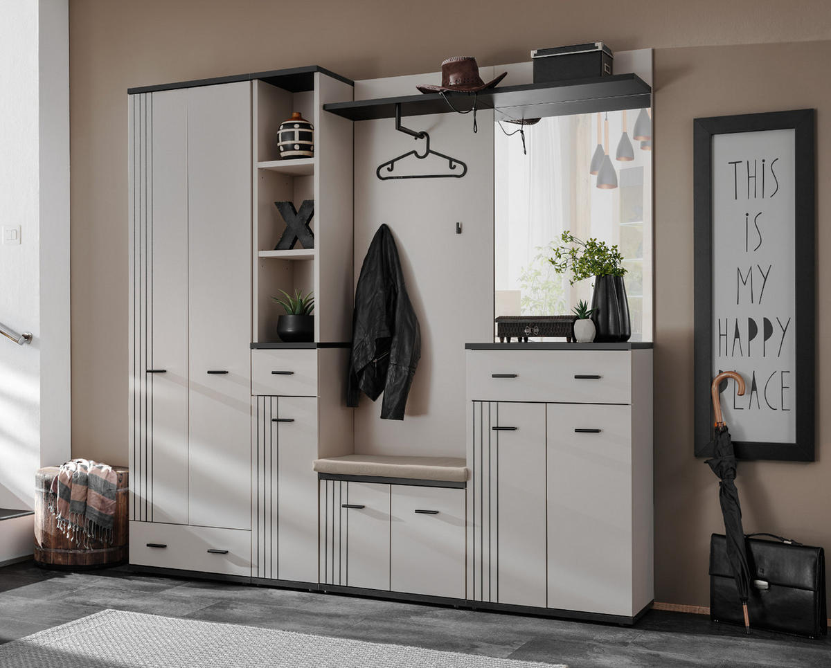 GARDEROBEN-SET Kaschmir, schwarz 6-teilig 210 cm, Flurgarderobe in modernem Desgin - Kaschmir/Schwarz, Glas/Holzwerkstoff (210/203/32cm) - Inn.Furn