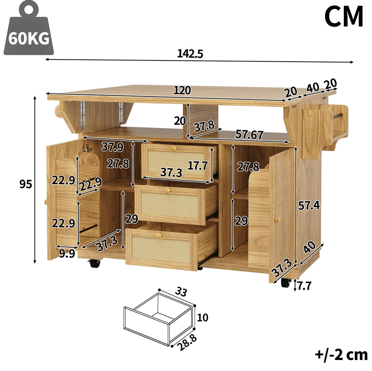 SERVIERWAGEN ausklappbar 142,5 x 80 x 95 cm Naturholz - Naturfarben, Holz (80/95/142.5cm) - Beauniv