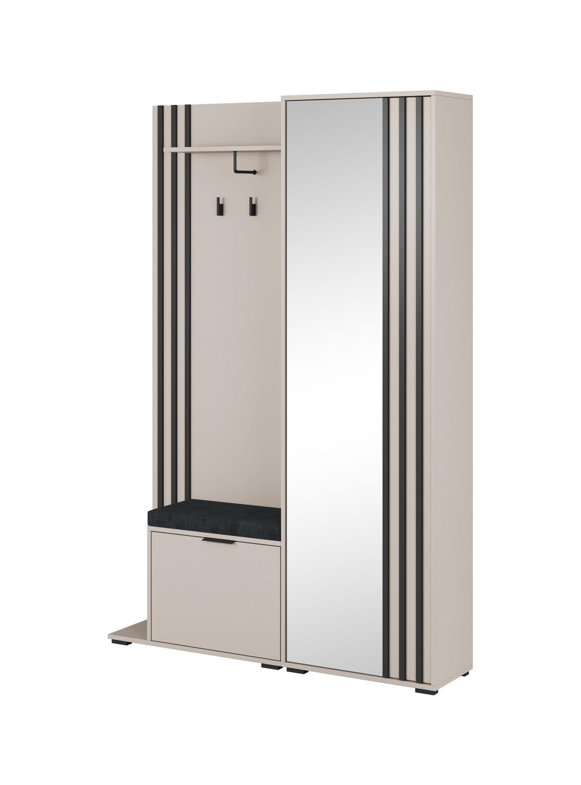 GARDEROBE STILO 131 cm (Kaschmir, Schwarze Lamellen, Spiegel, Sitzkissen, Metallgriffe) - Kaschmir/Schwarz, Holz/Holzwerkstoff (131/192/40cm) - Ravio