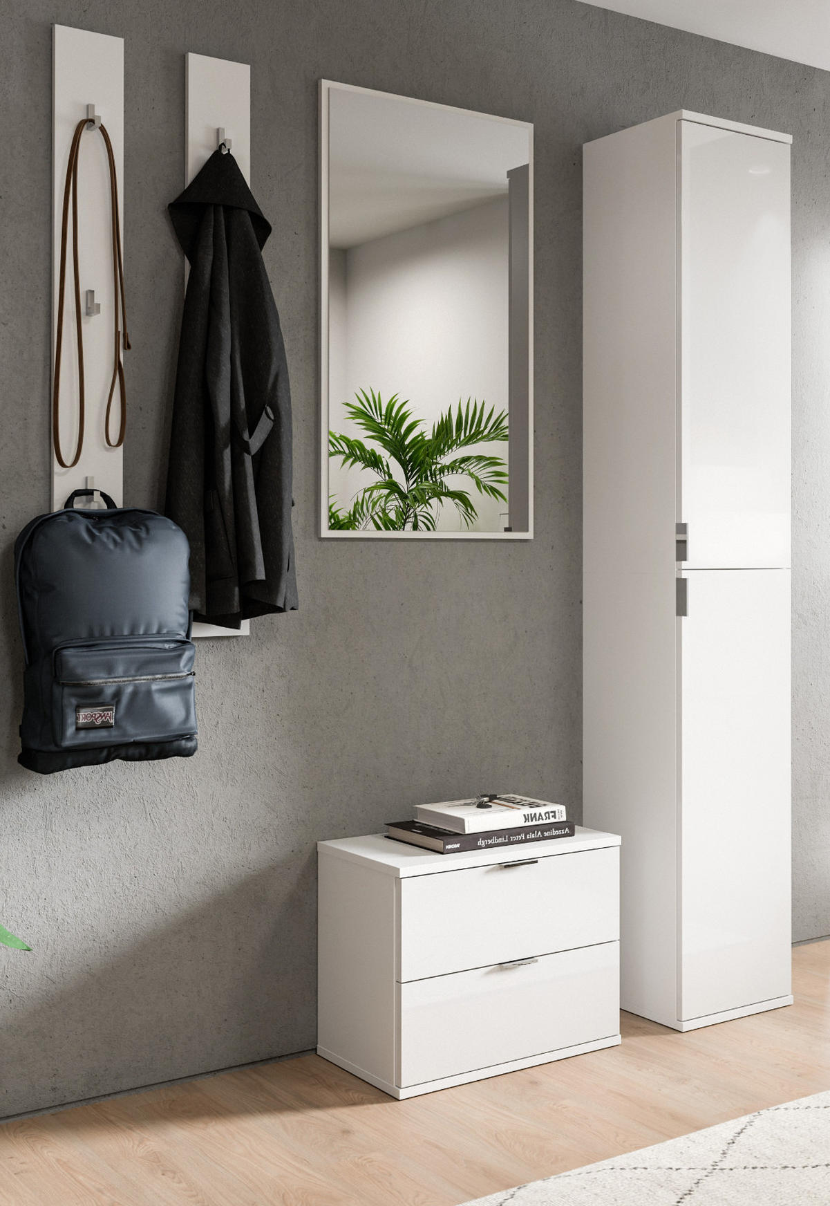 GARDEROBE Set 5-teilig weiß Hochglanz 153 cm, Flurmöbel mit viel Stauraum - Chromfarben/Weiß Hochglanz, Holzwerkstoff/Kunststoff (153/193/34cm) - Inn.Furn