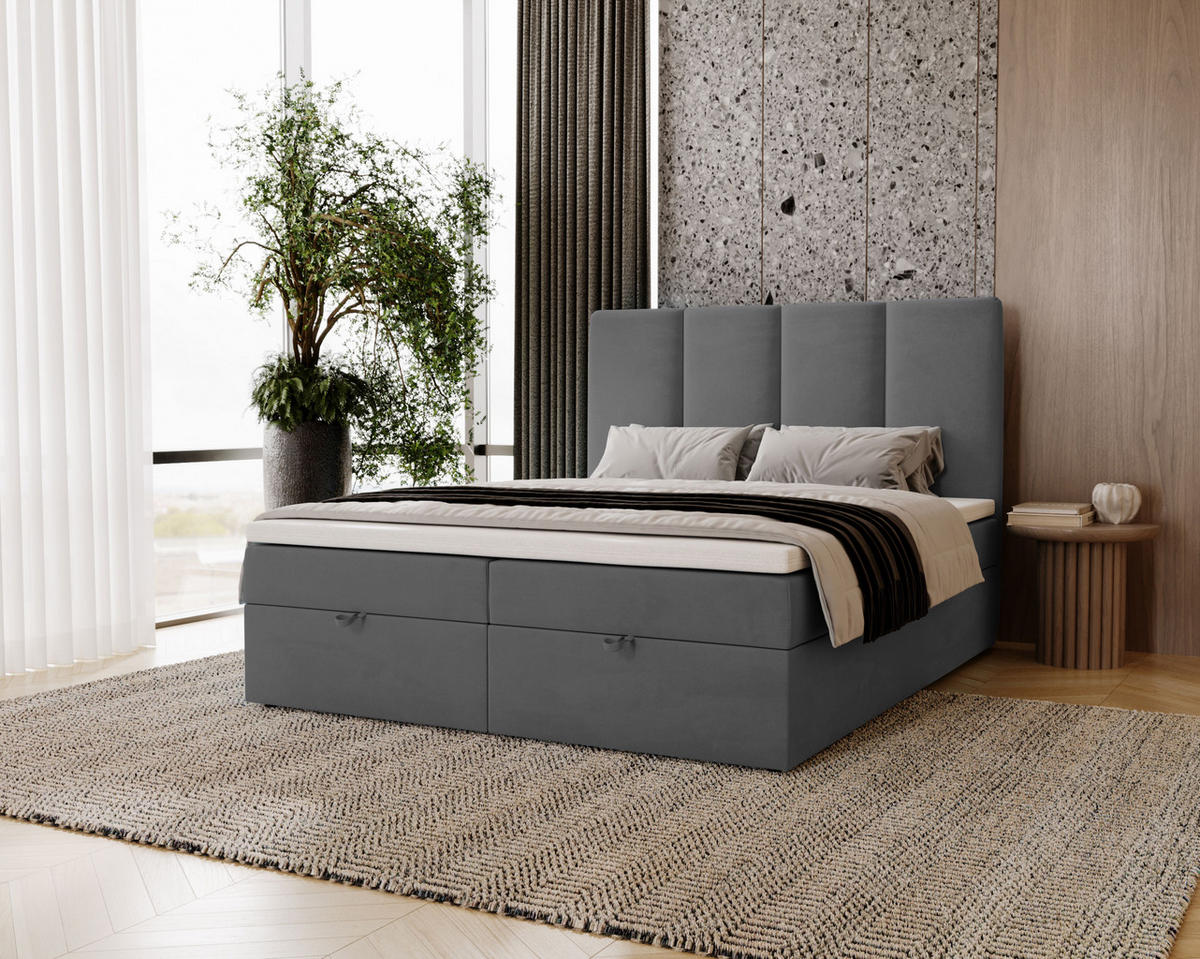 BOXBETT Malmo mit 2 Bettkästen, 180x200, Dunkelgrau, Velourstoff, Doppelbett mit Bonell-Matratze - Dunkelgrau, Holz/Kunststoff (180/200cm)