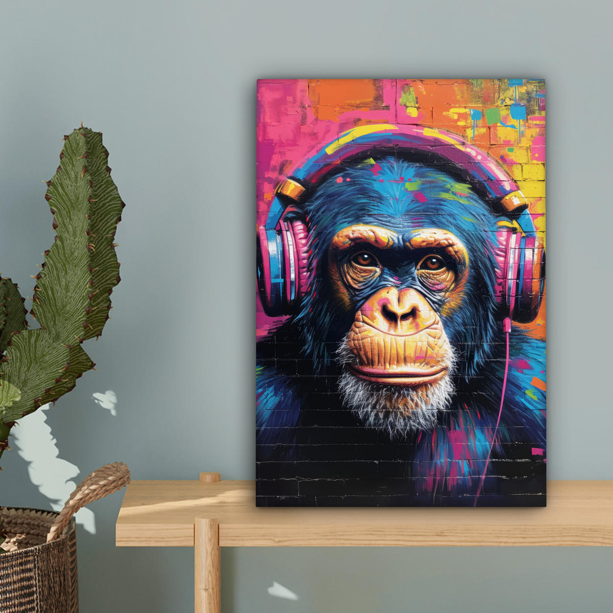 LEINWANDBILD Graffiti - Schimpanse - Straßenkunst - Kopfhörer - Affe Deko Wohnzimmer 20x30 cm - Blau, Textil (20/30cm) - MuchoWow