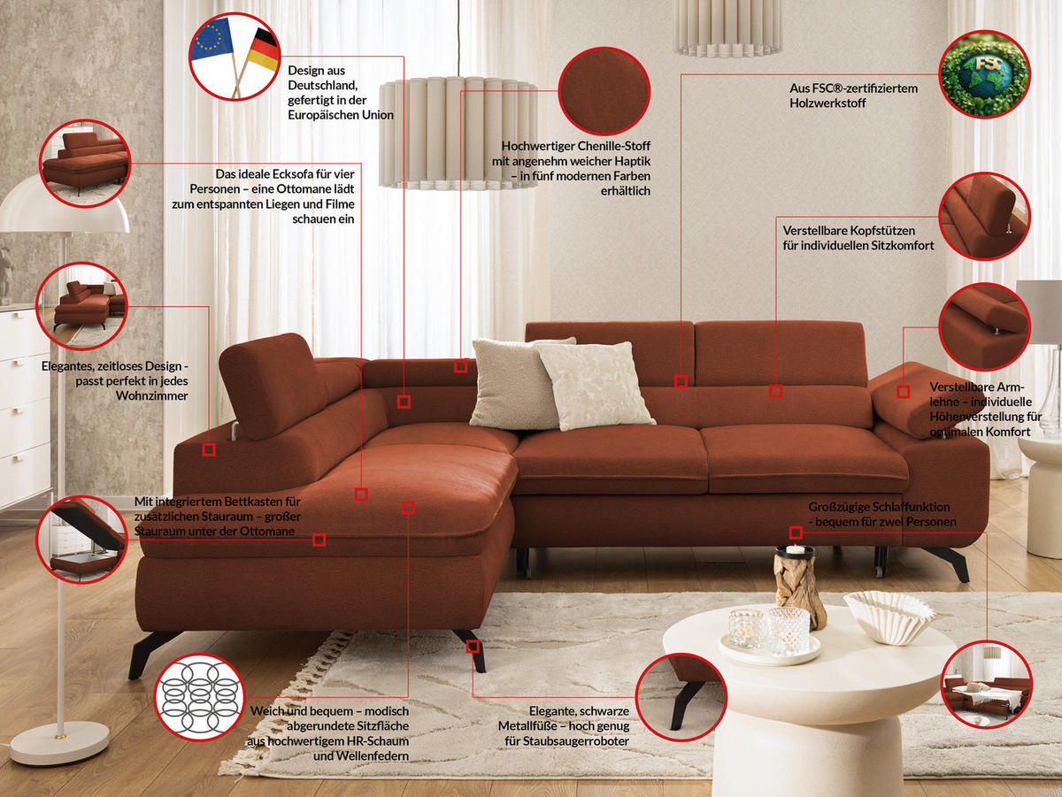 ECKSOFA mit Schlaffunktion und Bettkasten Bonnie aus Terrakotta Chenille-Stoff mit verstellbaren Kopfstützen und Armlehne - Ottomane links - Terracotta/Schwarz, Holz/Textil (275/210cm) - S-Style Möbel