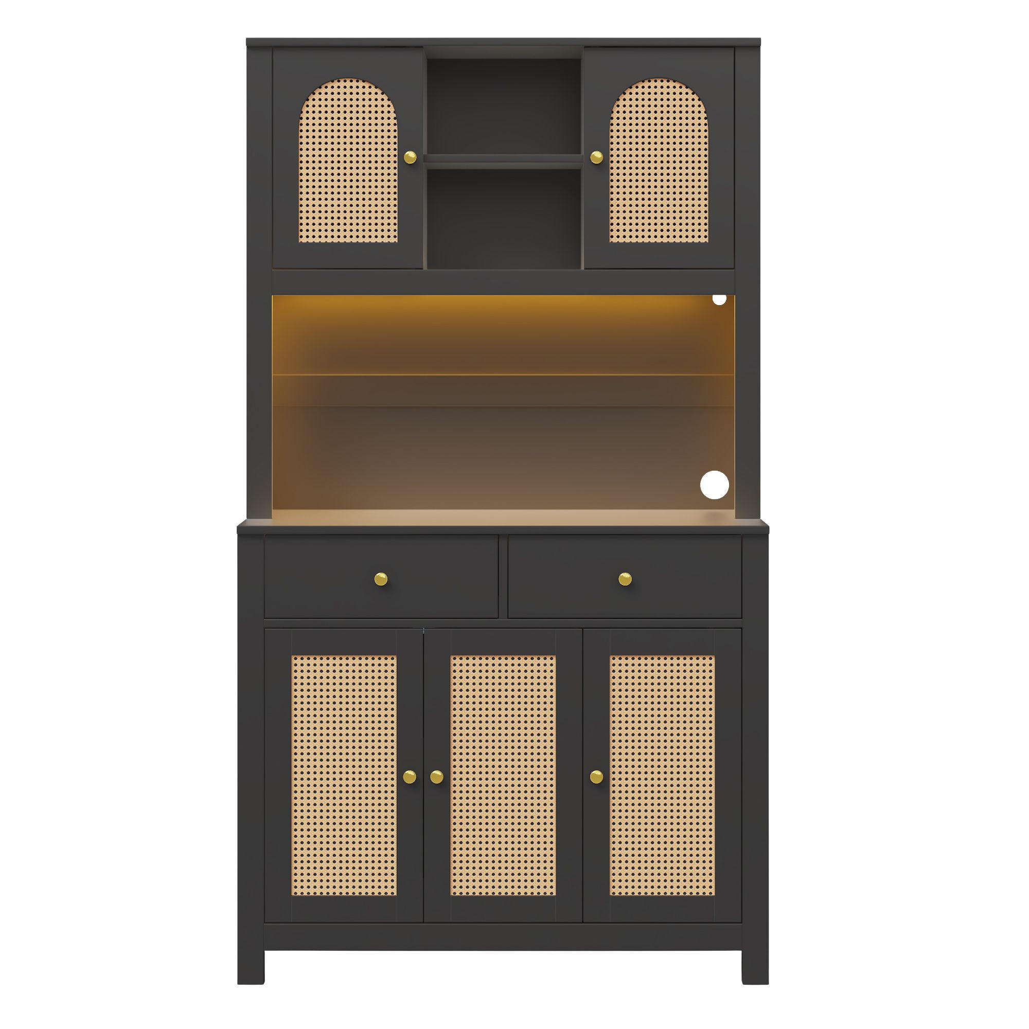 KÜCHENSCHRANK Schwarz Vorratsschrank mit RGB-LED Steckdosen 5 Rattan-Türen 180cm - Schwarz, Holzwerkstoff (100/180/40cm) - Urban Meuble