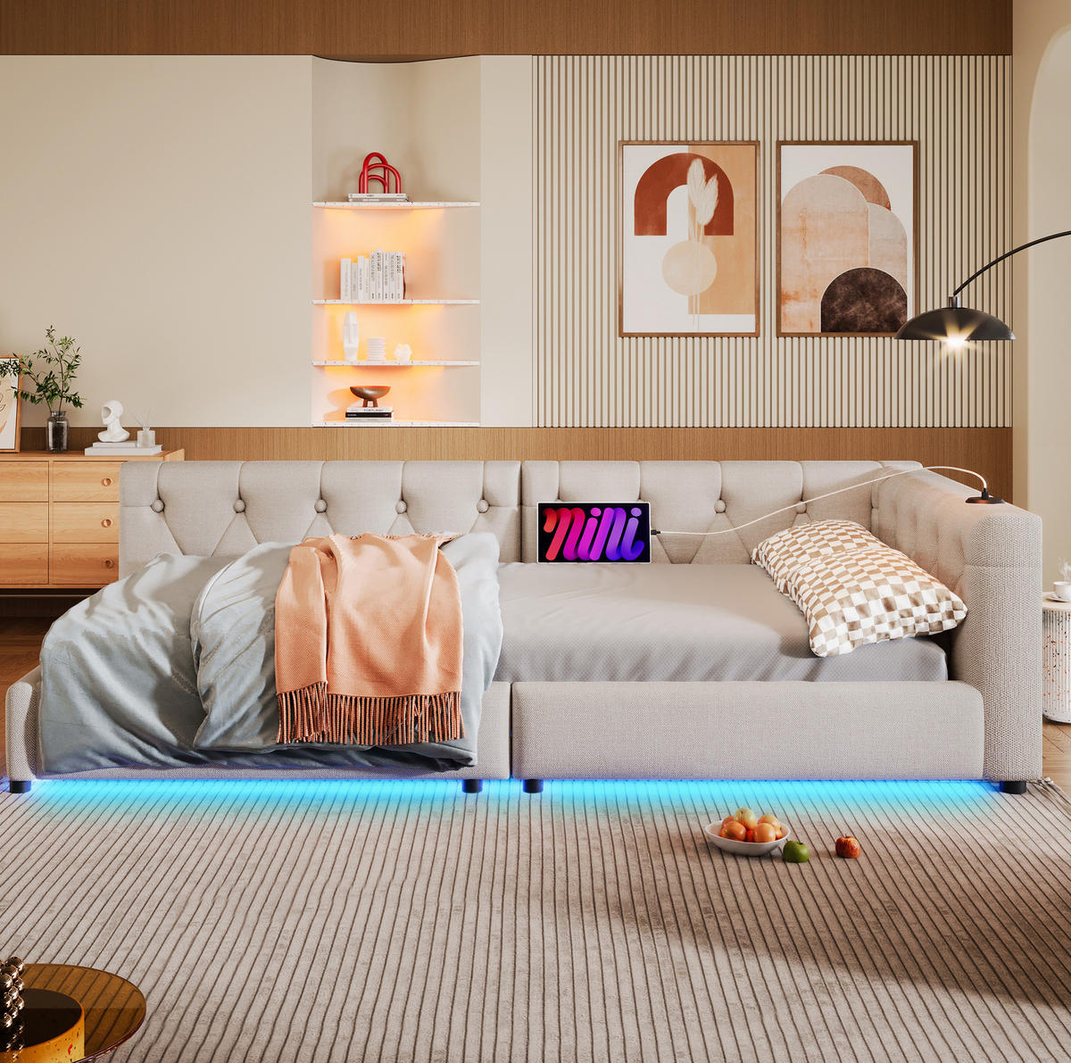 POLSTERBETT 90/200 cm Beige mit LED-Beleuchtung und USB- und Type-C-Anschlüssen - Beige, Textil (90/200cm) - Flora Grace
