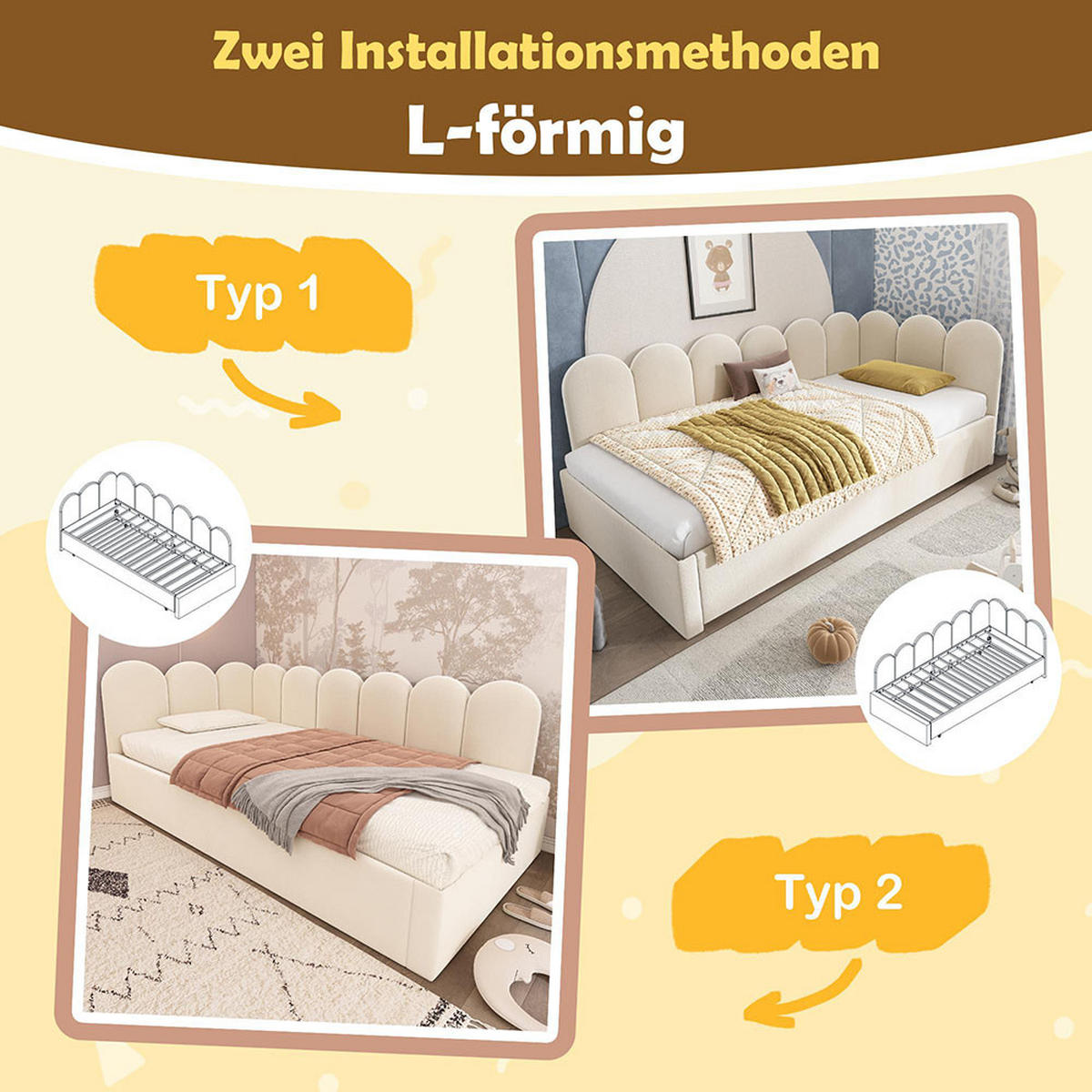 KINDERBETT 90x200 cm mit Ausziehbett，Beige（ohne Matratze ） - Beige, Textil/Metall (90/200cm) - KOMHTOM