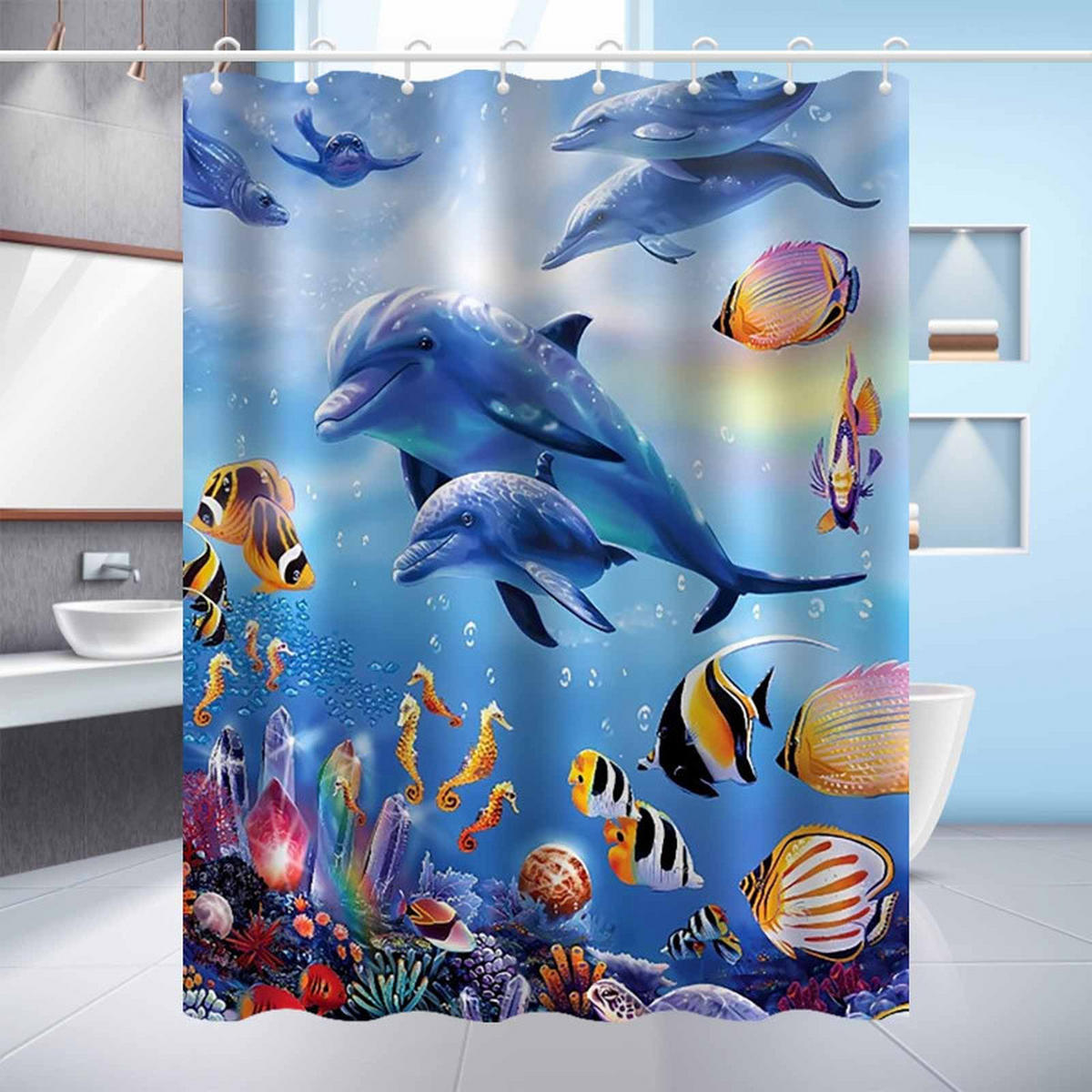 DUSCHVORHANG Muster Delfin Ozean dekorativ fürs Badezimmer Haken - Blau, Textil (120/180cm) - MCBOSON