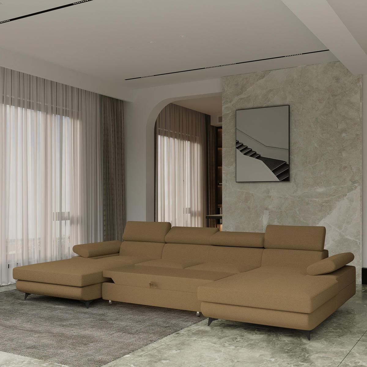 WOHNLANDSCHAFT DETTI Orange Boucle-Stoff mit Schlaffunktion - Orange, Holz (339/89/190cm) - MASSENO