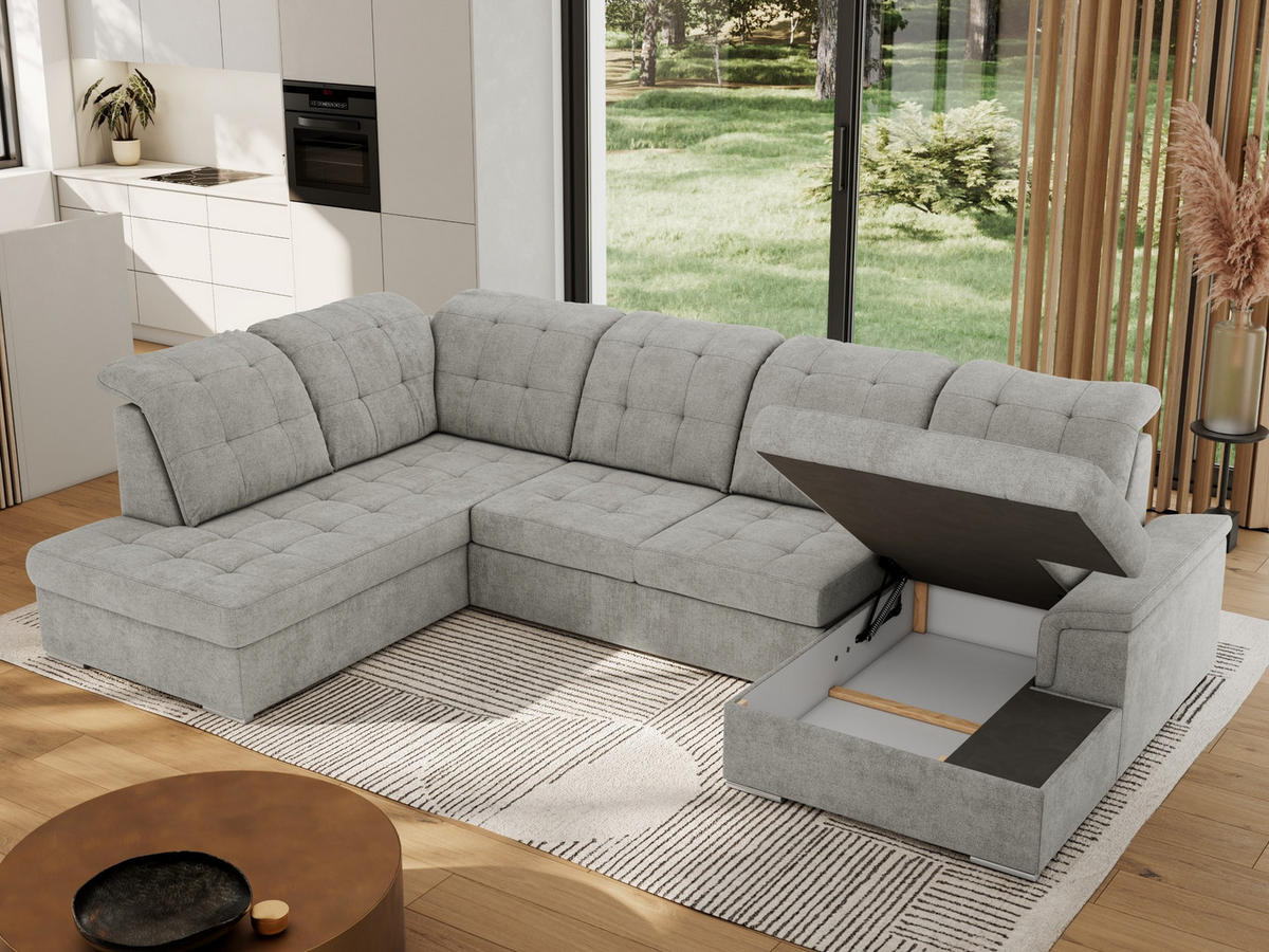 WOHNLANDSCHAFT MADRITO U - Hellgrau Struktur - Links - Silberfarben/Hellgrau, Textil/Metall (204/89/323cm) - MKS