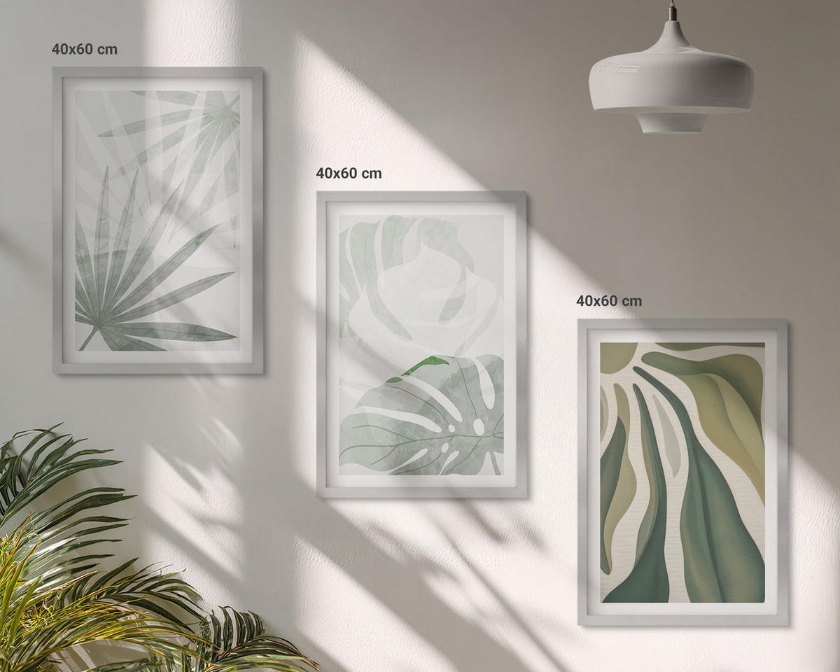 BILDER SET 3er Set - 40x60 cm Silberner Rahmen - Blätter von Pflanzen in Grün und Grau - Silberfarben, Kunststoff (40/60cm) - TULUP