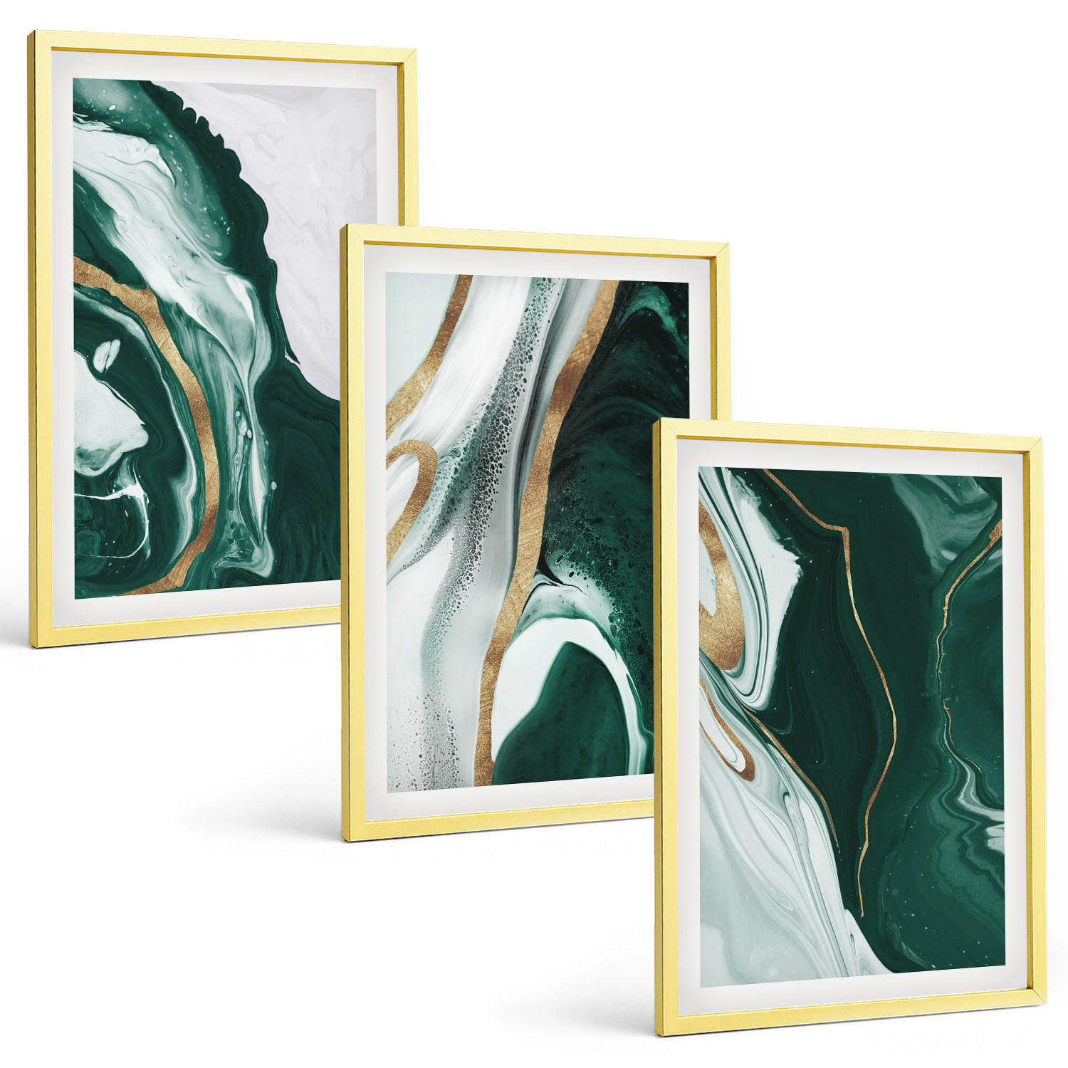 BILDER SET 3er Set - 40x60 cm Goldrahmen - Abstrakte grüne Farbmuster - Goldfarben, Kunststoff (40/60cm) - TULUP