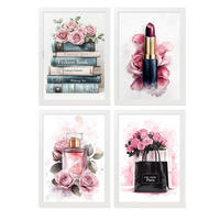 POSTER Set mit 4 Schminke, Schönheitsblumen, Tasche, Parfüm, Lippenstift A4 Weißer Rahmen - Weiß, Papier (29.7/3cm) - Nacnic