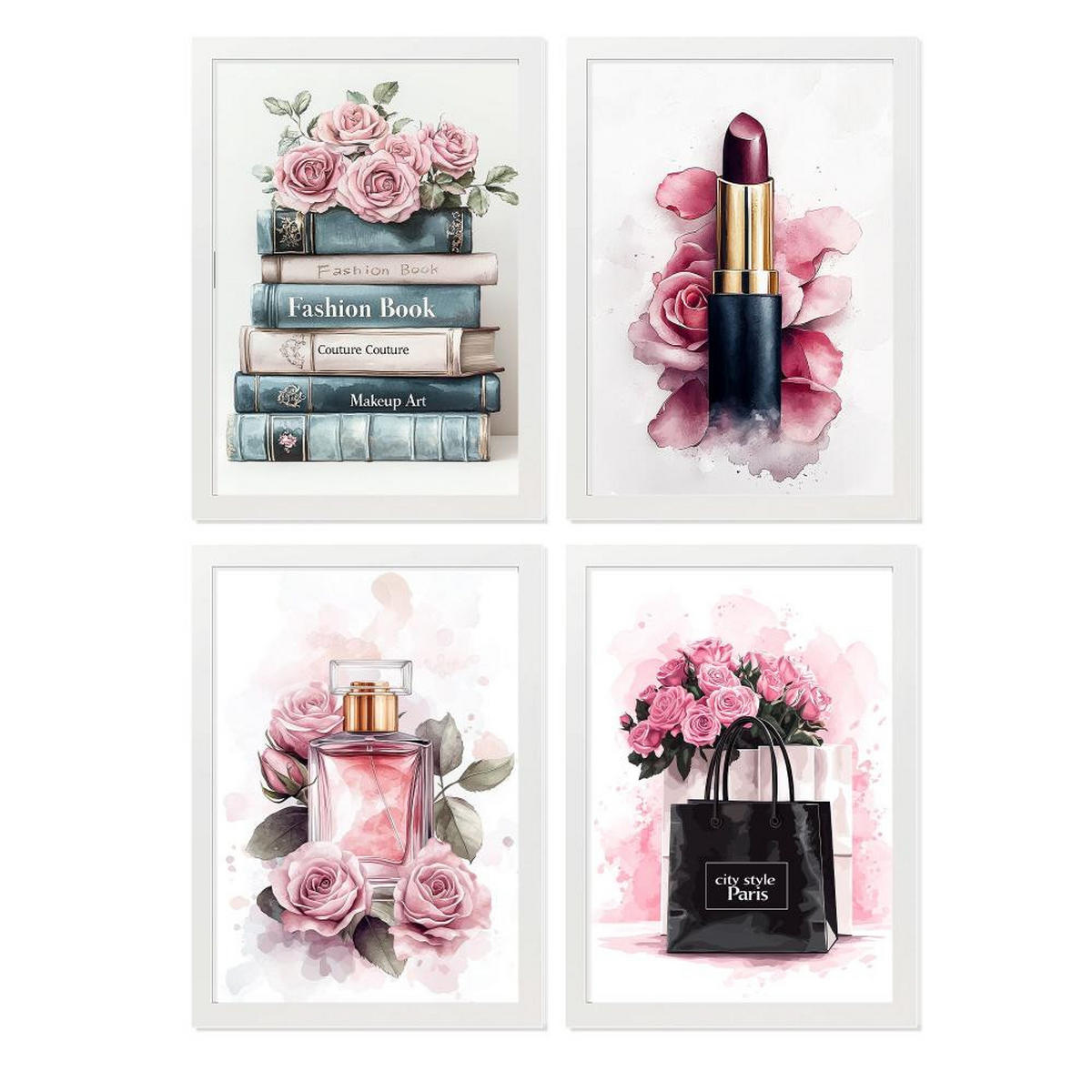 POSTER Set mit 4 Schminke, Schönheitsblumen, Tasche, Parfüm, Lippenstift A4 Weißer Rahmen - Weiß, Papier (29.7/3cm) - Nacnic