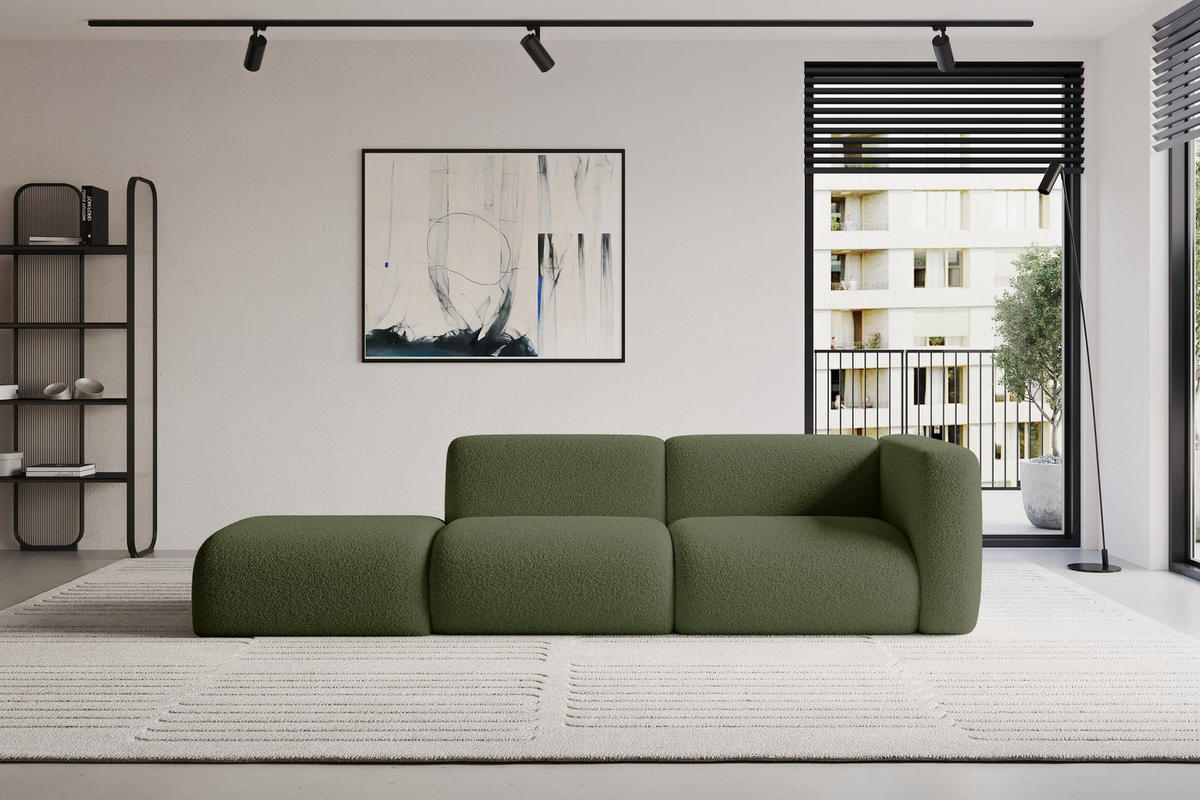 SOFA Ottomane Rechts MIRA-S3 296x89x70 Grün Bouclé - Schwarz/Olivgrün, Holzwerkstoff/Kunststoff (296/70/89cm) - ALTDECOR