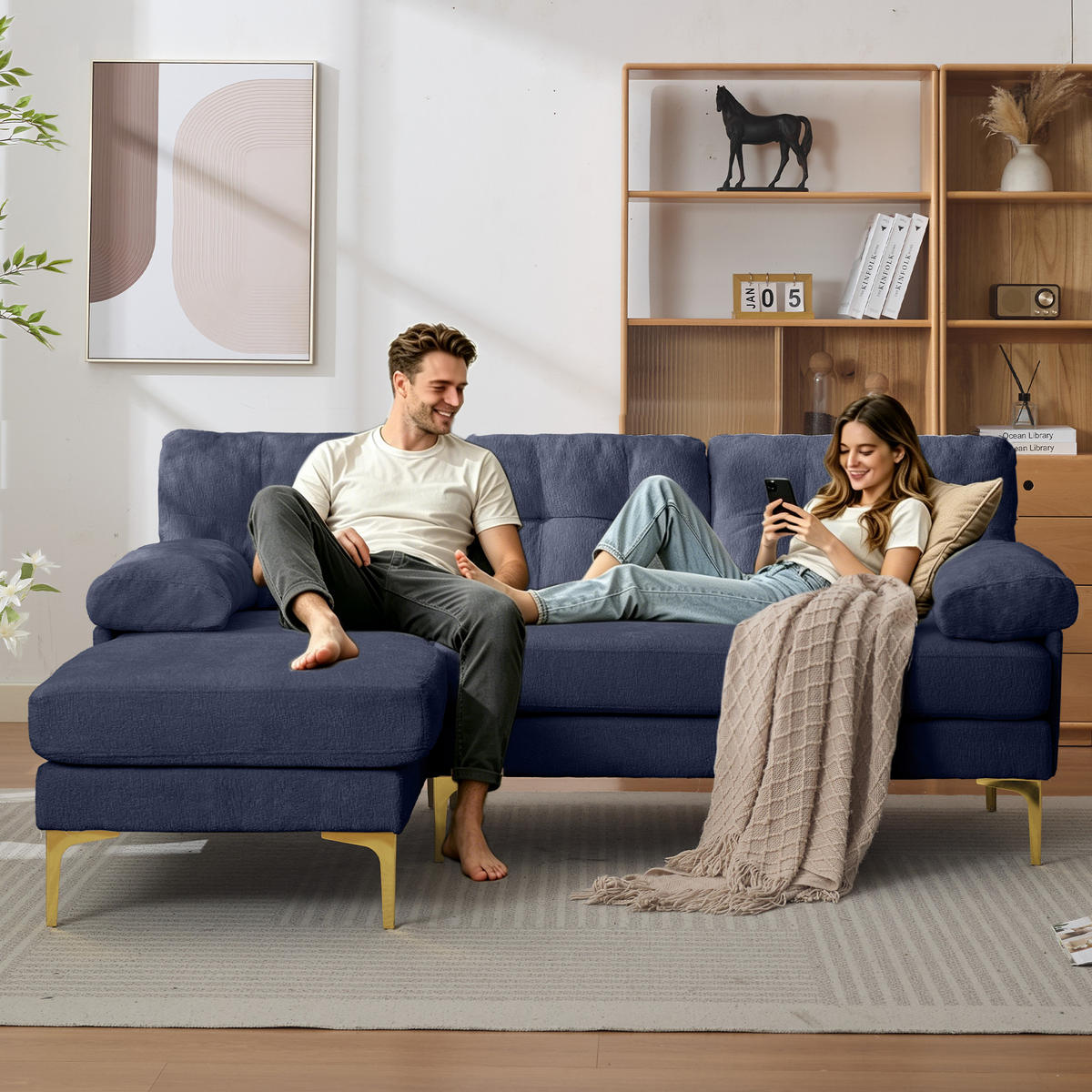 L-FÖRMIGES ECKSOFA Blau 187,5/130/79 cm 3-Sitzer Chenillebezug - Blau, Holz (187.5/130cm) - PANGIVO