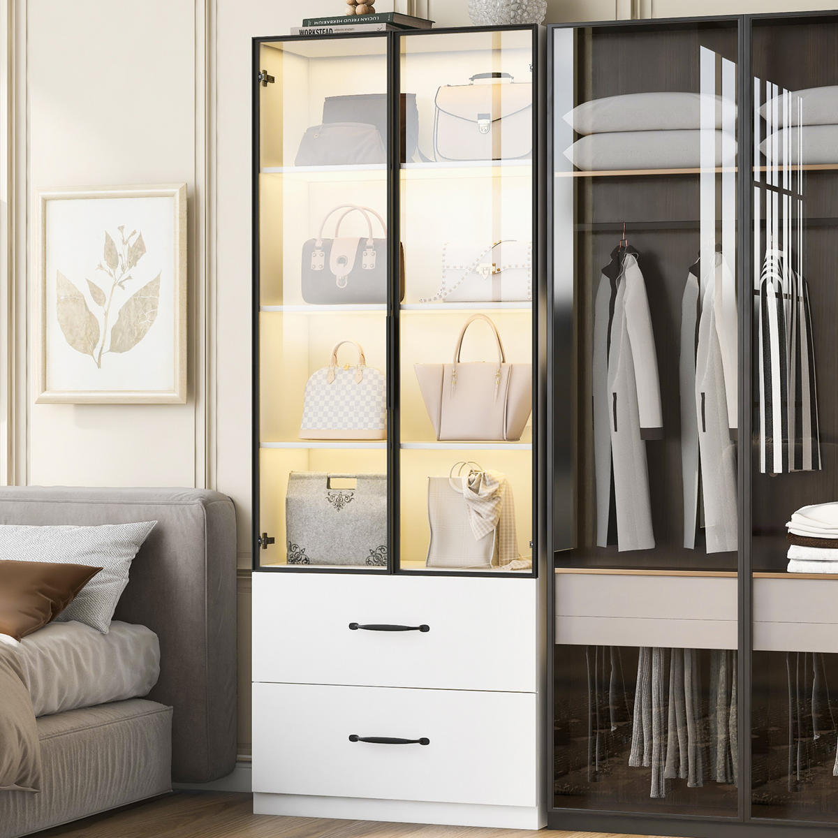 VITRINE 60cm Glas LED Aluminium Hartglas 2 Türen Schubladen modern - Weiß, Holzwerkstoff (60/160/40cm) - FLIEKS