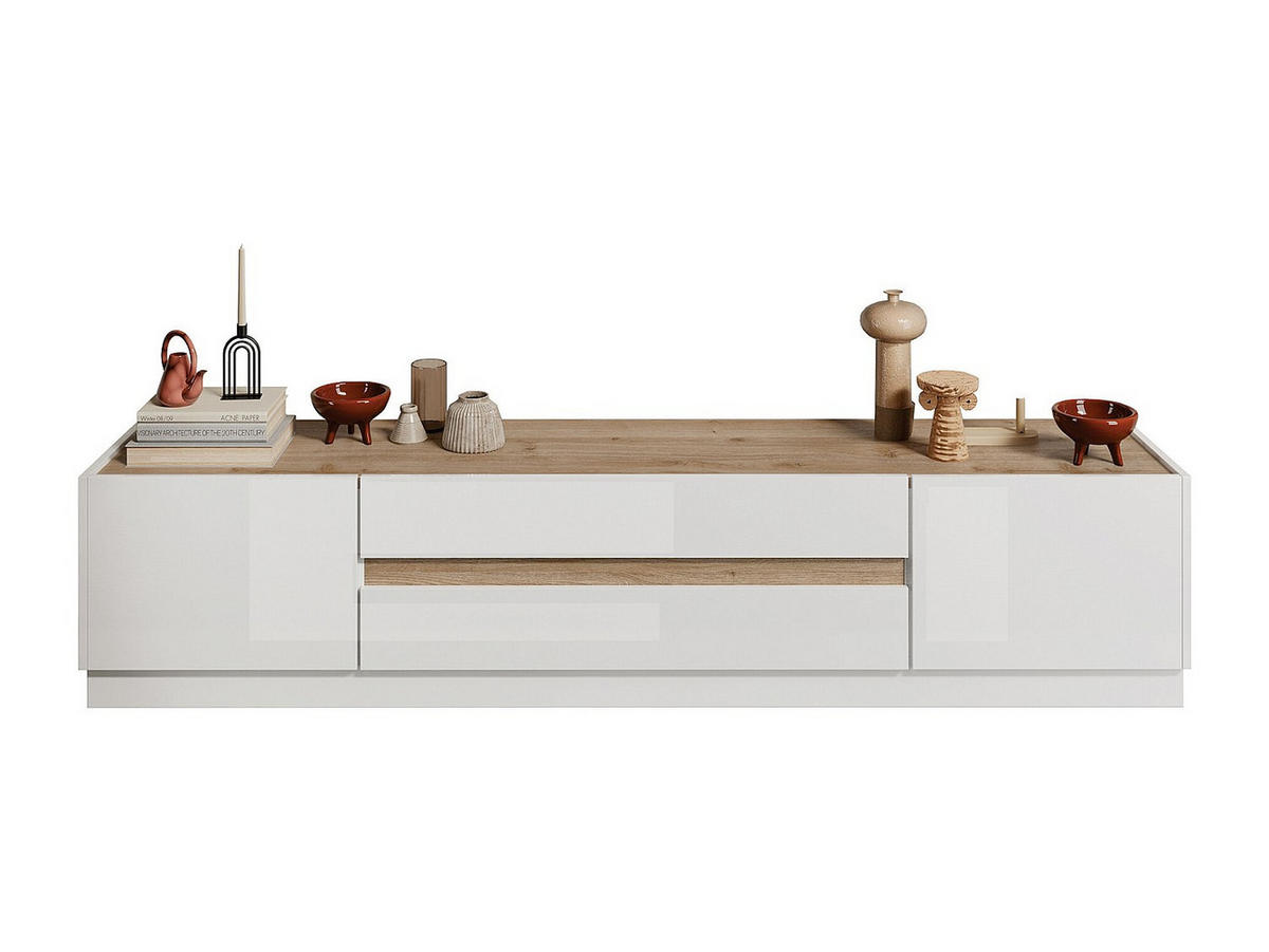 TV-MÖBEL - 2 Türen & 2 Schubladen - Weiß lackiert und Holzfarben - EMORA - Naturfarben, Holz (39.8/43.2/204.7cm) - Vente-Unique