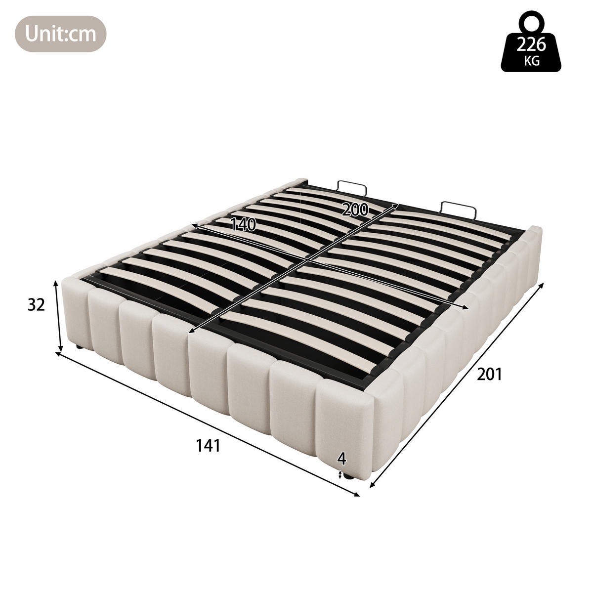 TAPECIRANI krevet 140/200 cm bež od lana s hidrauličnim spremištem bez uzglavlja - bež, tekstil (140/200cm) - OKWISH