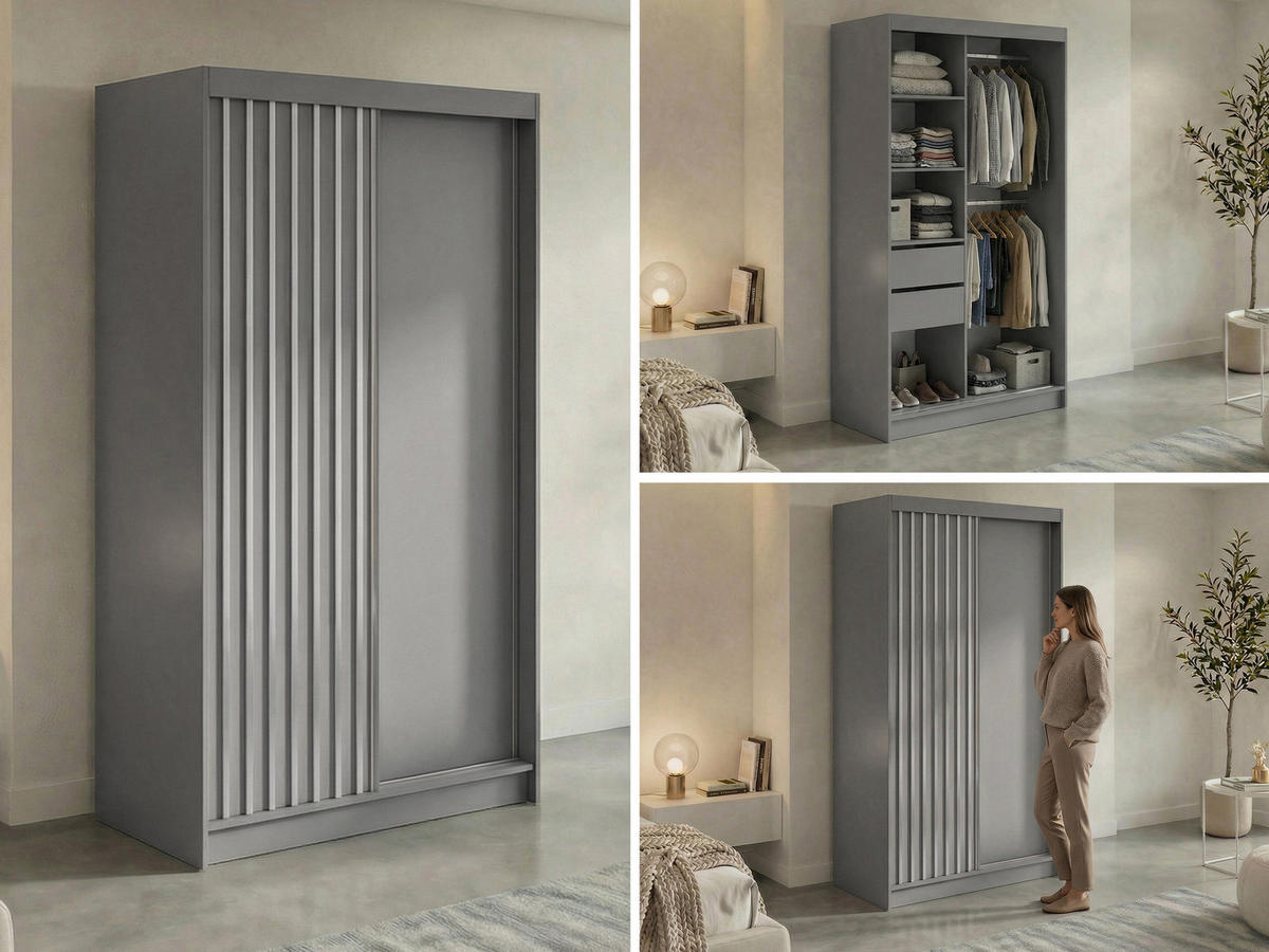 SCHWEBETÜRENSCHRANK mit Lamellen und Schubladen LUMOS - 120 - Grau und Weiß - Alufarben/Weiß, Holzwerkstoff/Metall (120/216/61cm) - MKS