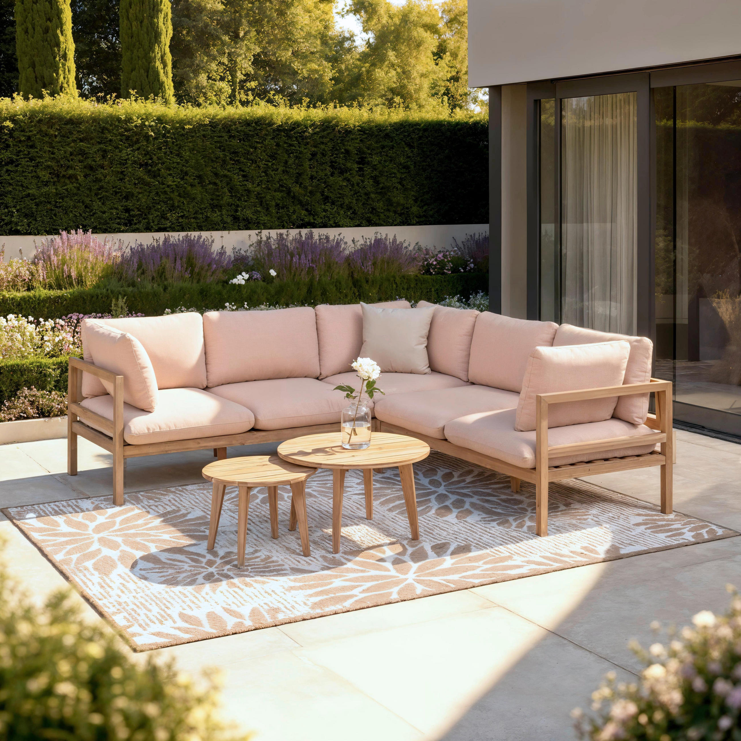 LOUNGEGARNITUR Livia beige- rose Outdoorstoff/Holz - Naturfarben, Holz - Bessagi Garden