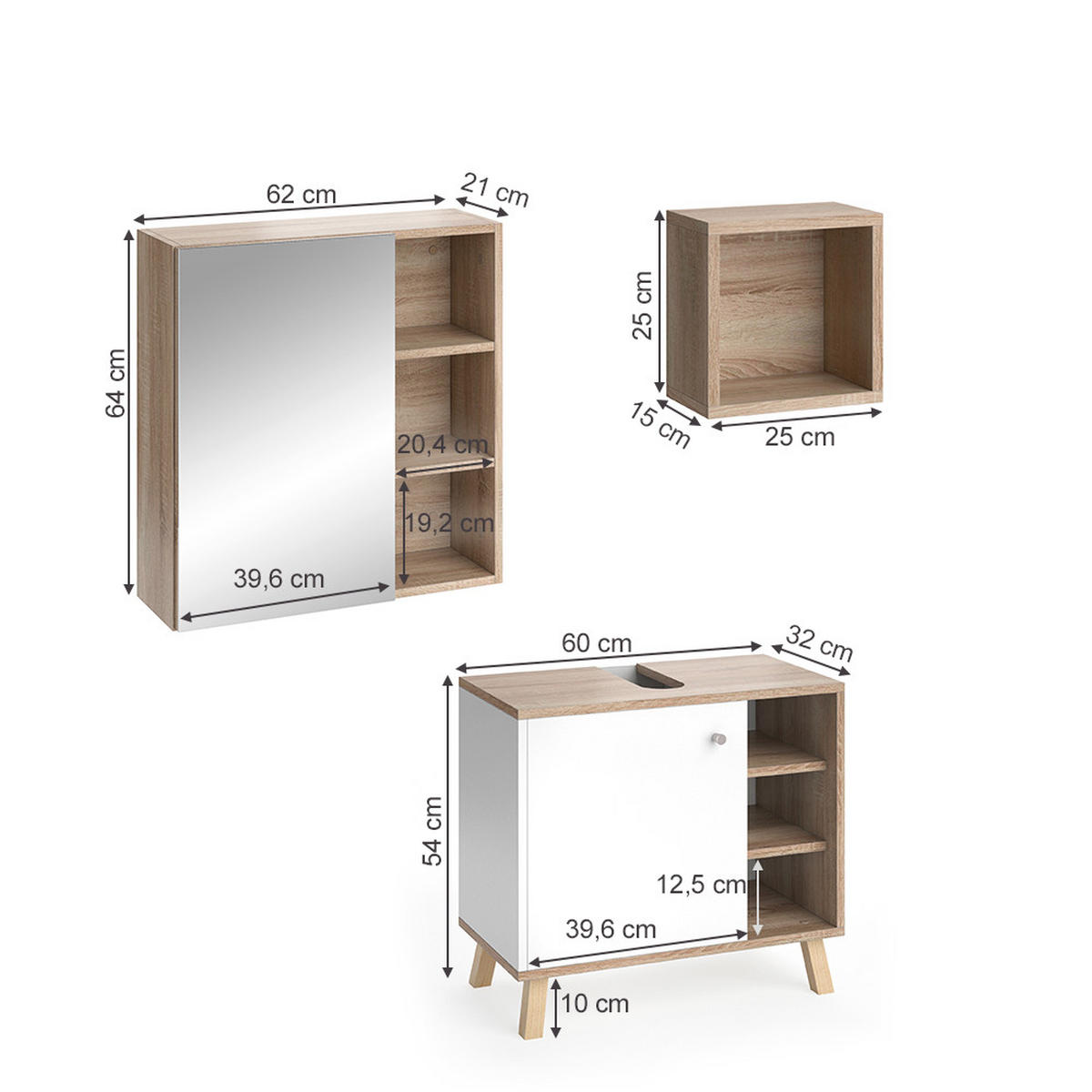 BADMÖBEL-SET Senyo Weiß 3 Teile - Weiß/Sonoma Eiche, Holzwerkstoff (62/54/32cm) - Vicco